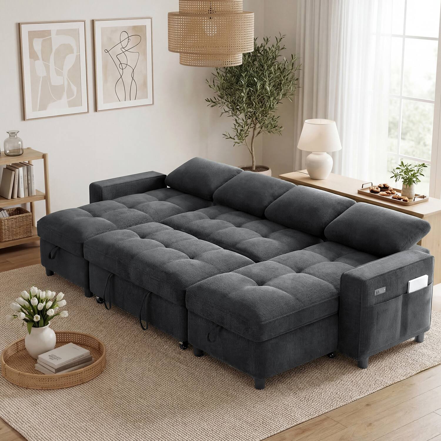 Alt View 2. Dyonery - Dyonery 81" L-Shaped Sleeper Sofa Bed with Pull-Out, Reclining Backrest, Storage Chaise & USB Ports, Chenille  Gray - Chenille + Gray.