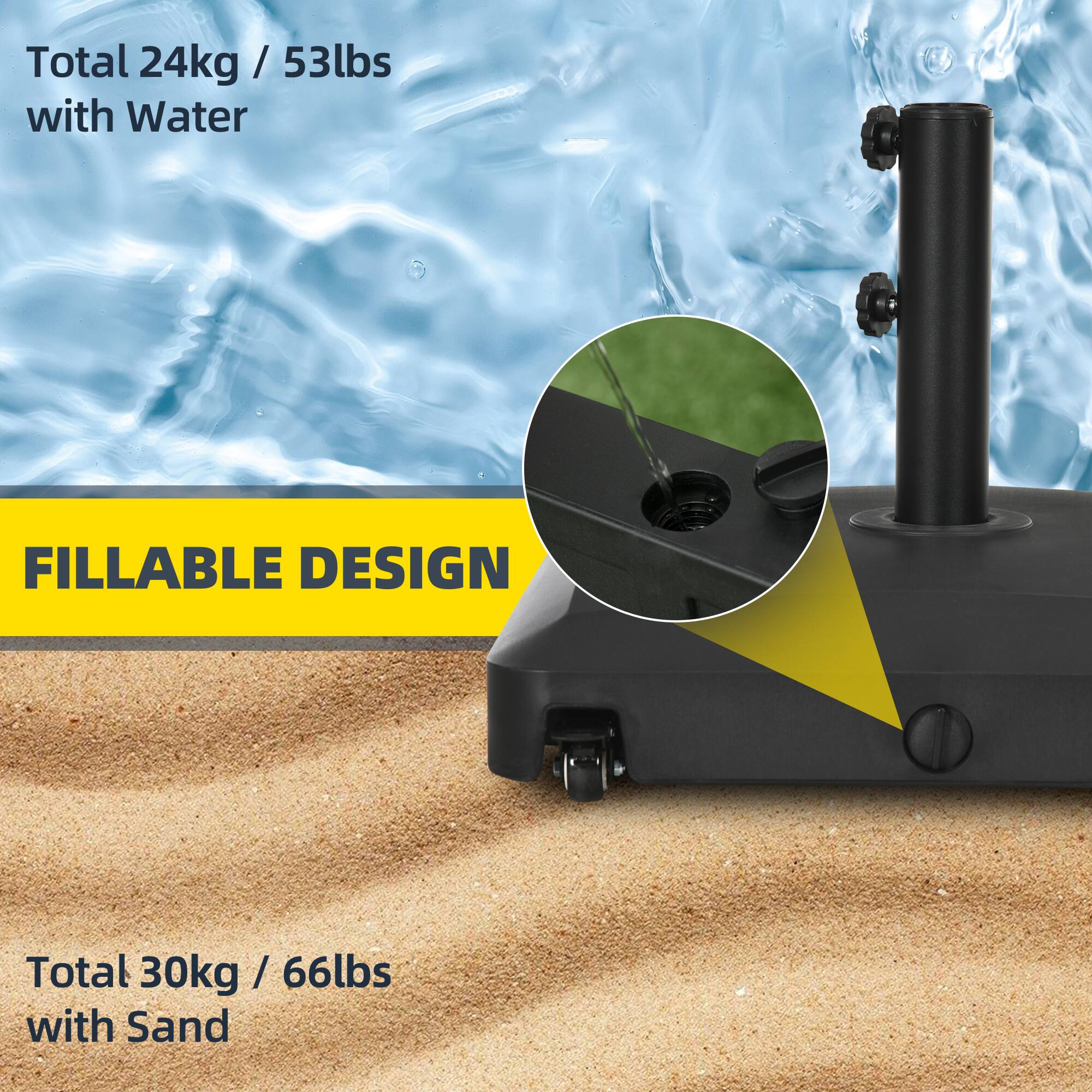 Total 24kg / 53lbs with Water FILLABLE DESIGN Total 30kg / 66lbs with Sand