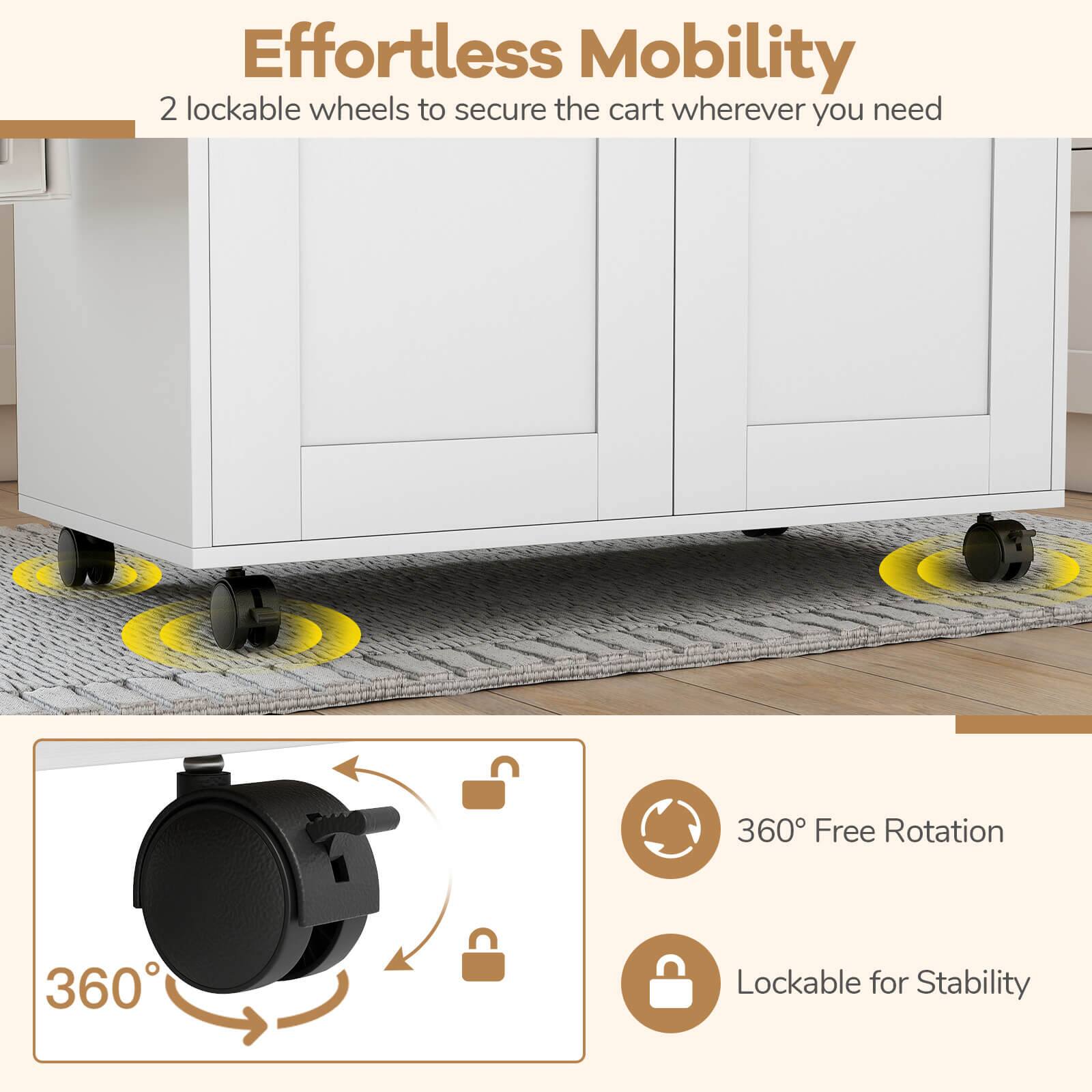 Effortless Mobility  
2 lockable wheels to secure the cart wherever you need  

360° Free Rotation  
Lockable for Stability