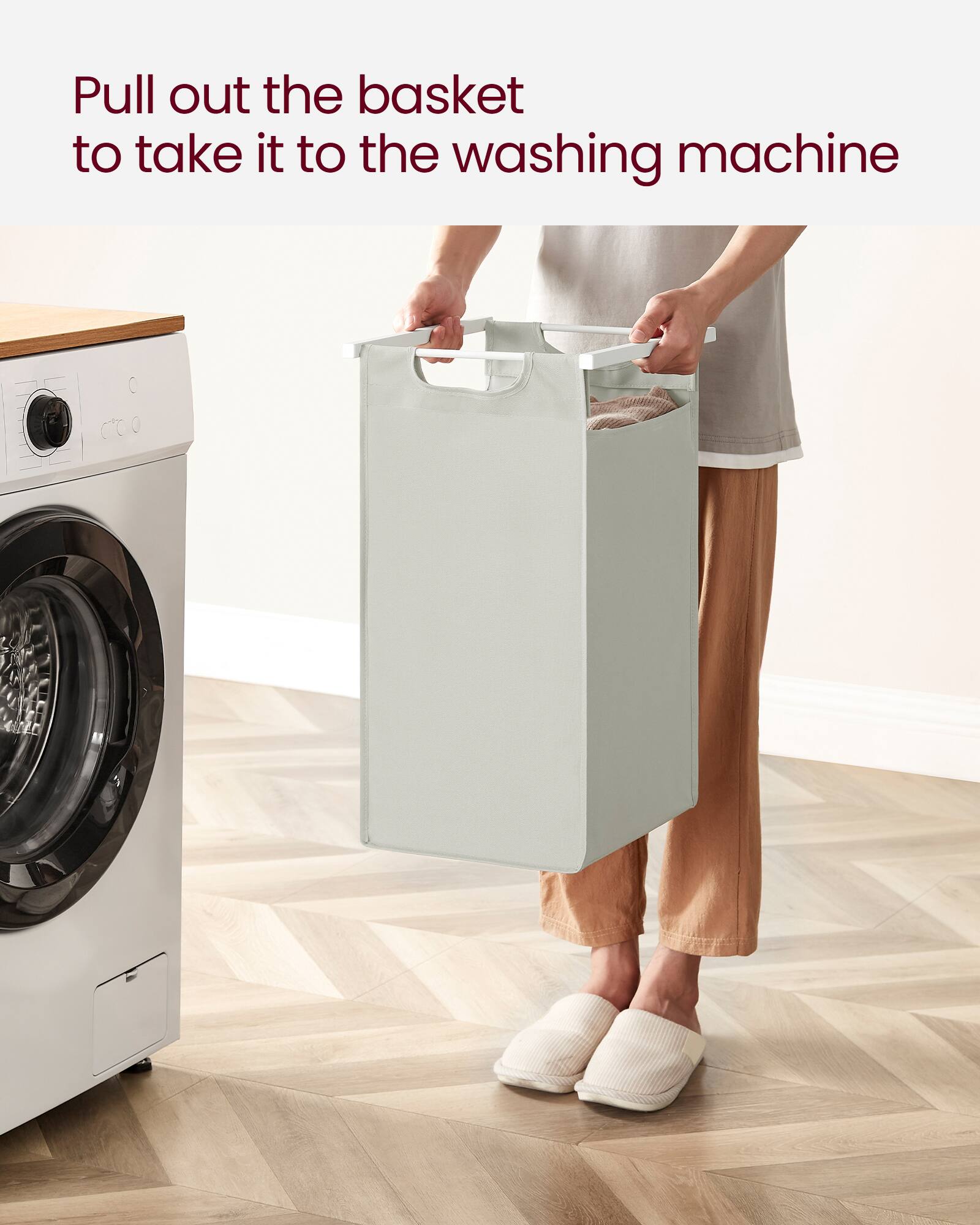 Pull out the basket to take it to the washing machine