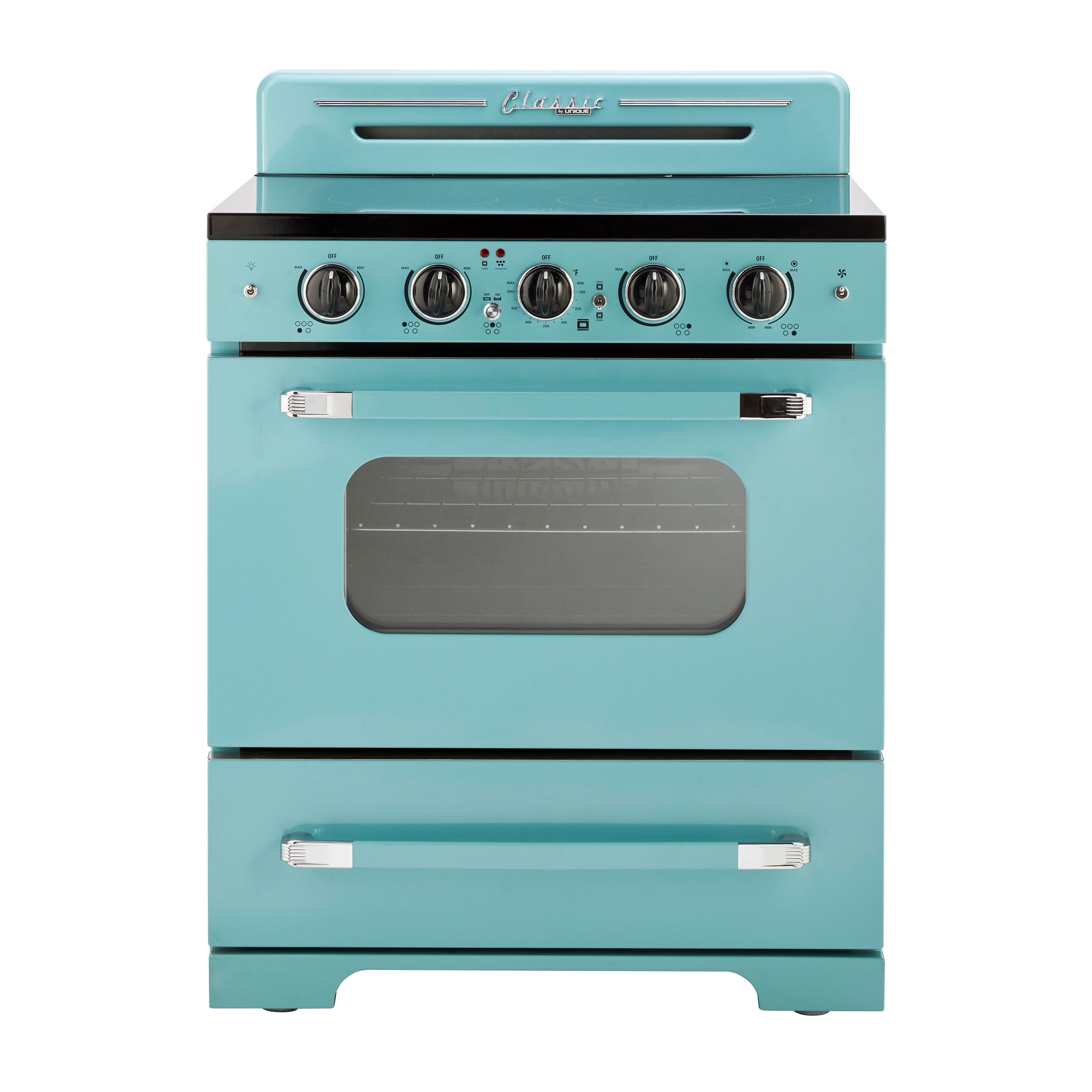 Unique Appliances - 30 in. Wide 5 Elements Classic Retro 3.9 Cu. Ft. Freestanding Electic Convection Range with Glass Top and Storage Drawer - Ocean Mist Turquoise