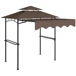 Outsunny - 8' x 5' Grill Gazebo, Double Tiered Outdoor BBQ Gazebo with Side Awning, 2 Side Shelves and 6 Hooks - Brown