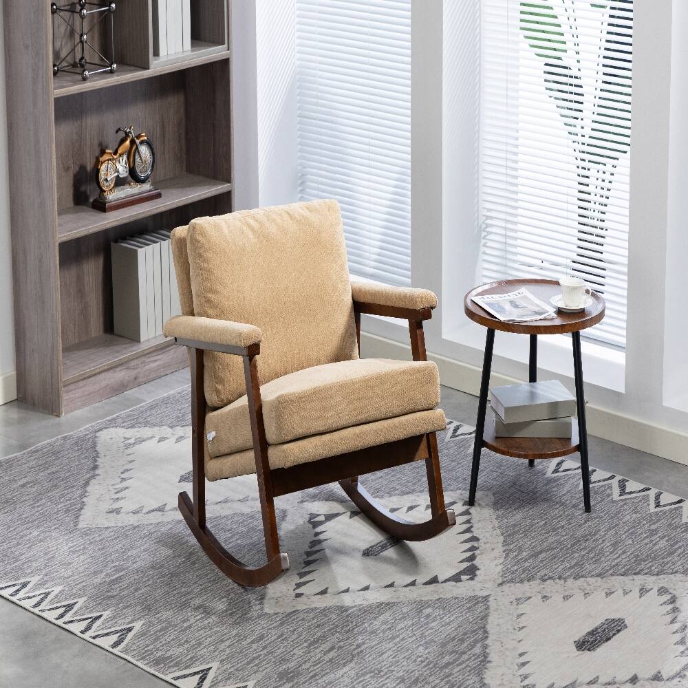 Back. Loheer - Loheer Mid Century Modern Accent Chair Upholstered Rocking Chair Solid Wood Frame Reading Armchair for Bedroom Sunroom - Khaki.