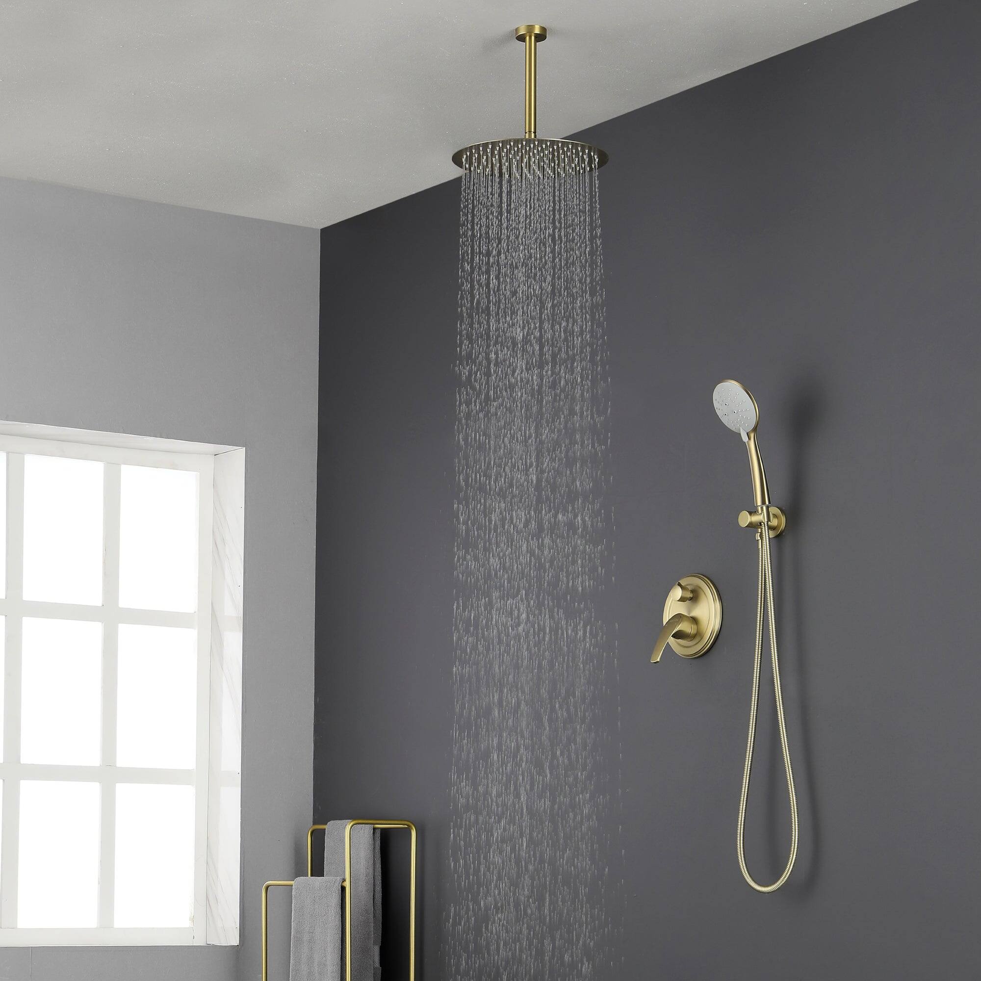 Alt View 10. Boyel Living - 5-Spray Patterns with 2.35 GPM 12 in. H Ceiling Mount Dual Shower Heads with Valve Included in Brushed Gold - Brushed Gold.