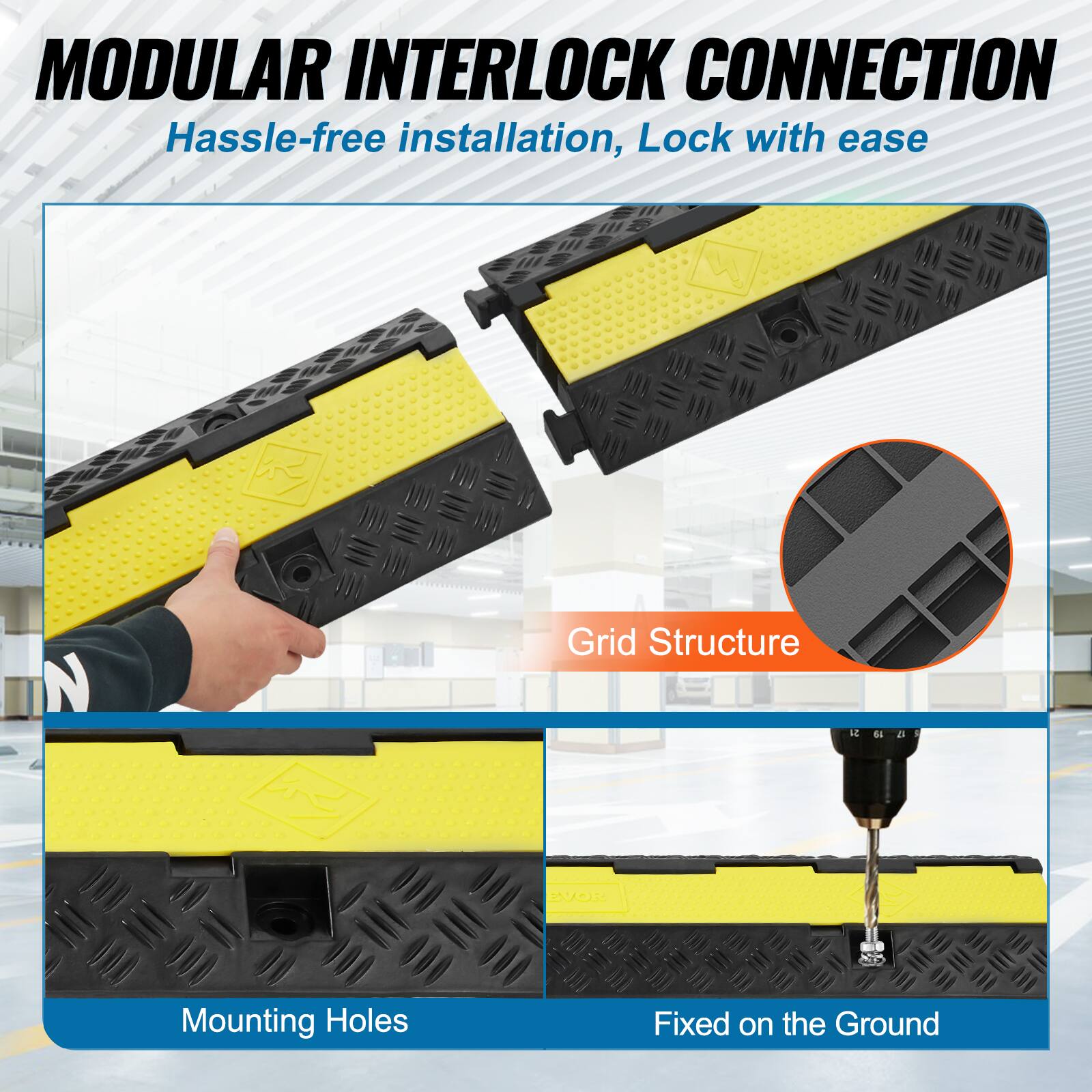 MODULAR INTERLOCK CONNECTION Hassle-free installation, Lock with ease, Grid Structure, Mounting Holes, Fixed on the Ground
