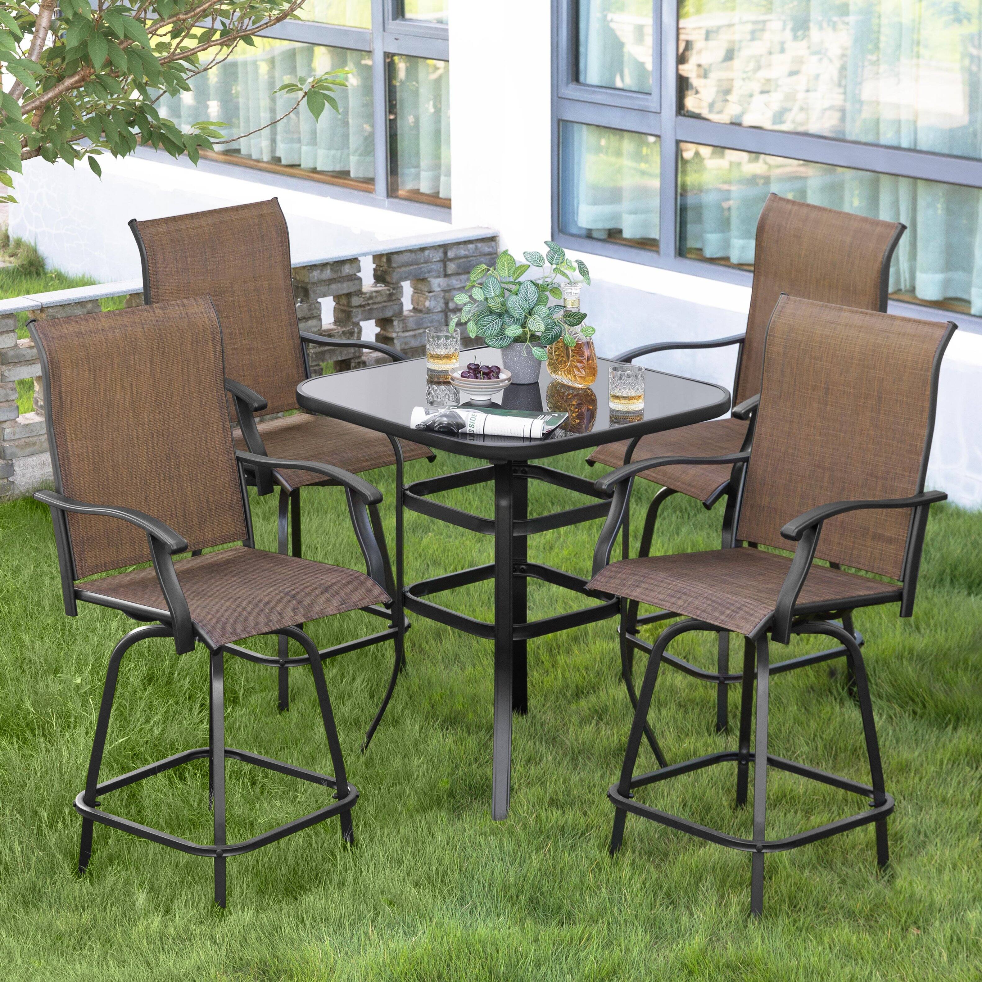 Angle. Nuu Garden - Outdoor Patio Swivel Bar Stool Set with Glass Table, All-Weather Textilene - Black and Brown.