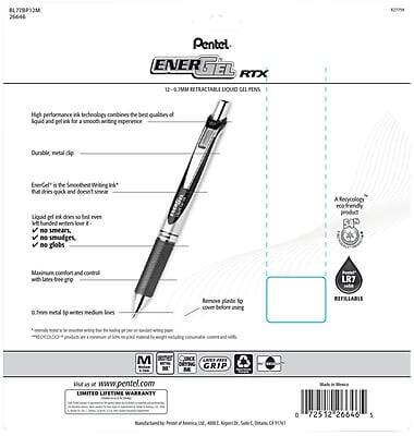 BL77RPI2M 6646 Pentel ENER GEL RTX 12 JVM RETRACTABLE LIQUID CE LPENS

High performance in technology combines the best qualities of liquid and gel ink for a smooth writing experience. Durable, velvet-like tip.

Eco-Friendly: The smooth writing liquid dries quickly and doesn't smudge. Limited use of harmful substances like benzene, toluene, and xylene.

Maximum control and comfort: No smears, no smudges, no globs. A Recyclable eco-friendly product and controlled latex-free gel.

A Recyclable eco-friendly product and controlled latex-free gel.

Remove plastic top cover before using. REFILLABLE.

LETTER PEES GRIP

www.pentel.com

LIMITED LIFETIME WARRANTY

72512 20646 5

Barcode: 0 72512 20646 5