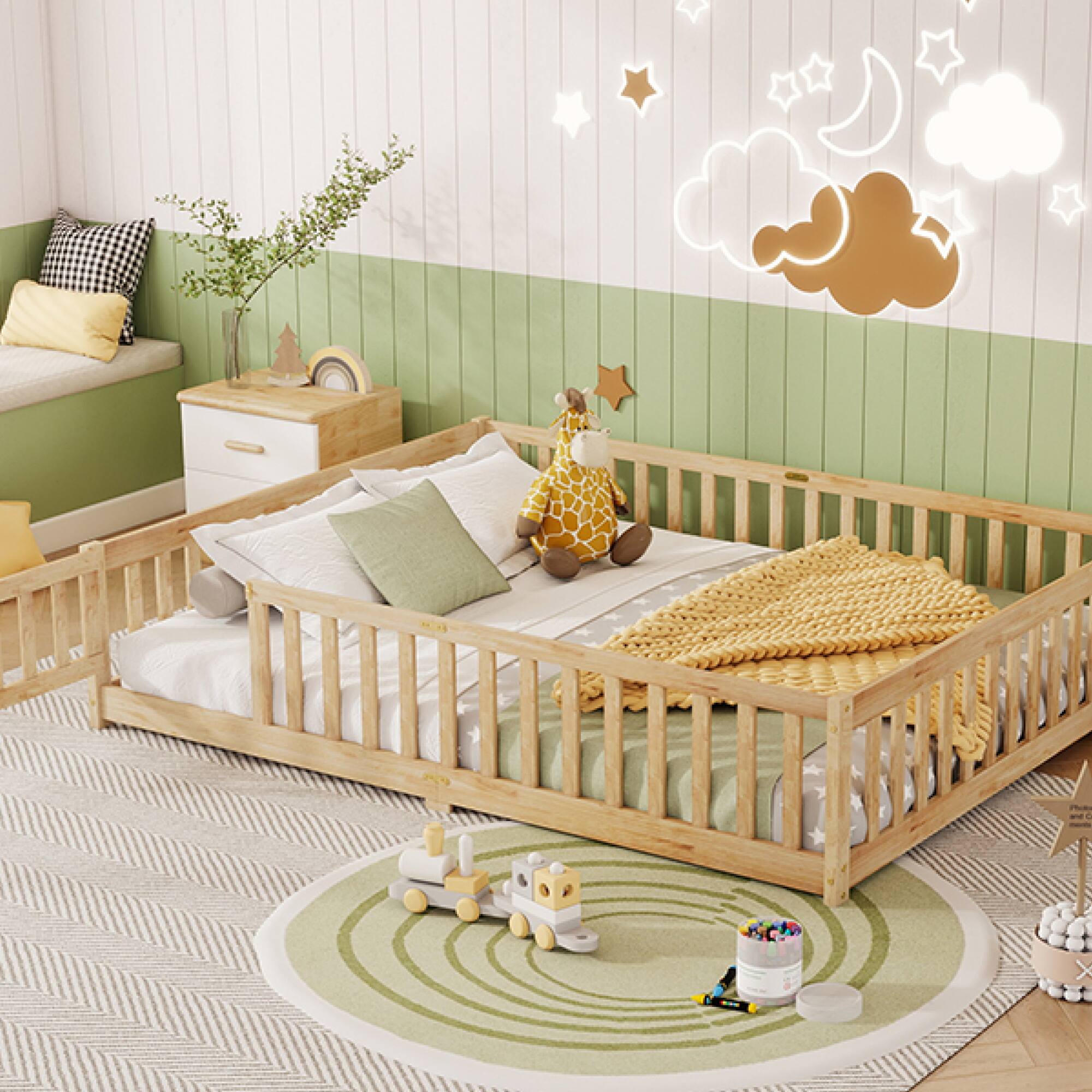 Alt View 4. GOODSILO - Queen Size Low-Profile Platform Bed with Safety Guardrails and Entry Door for Secure Sleeping Space - Natural.