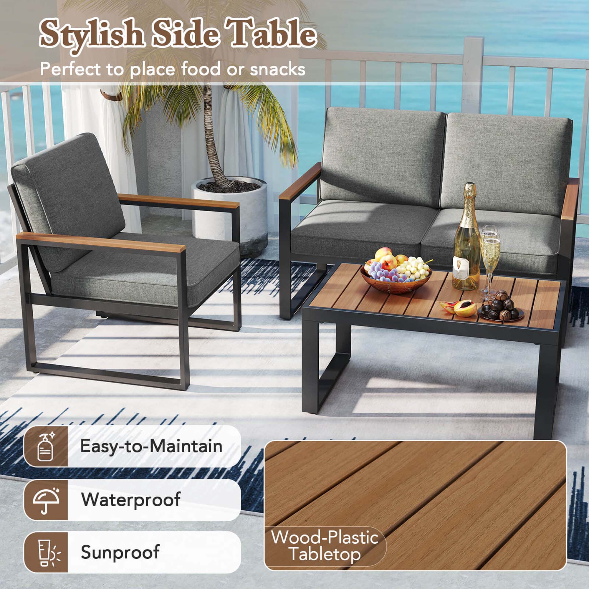 Stylish Side Table Perfect to place food or snacks Easy-to-Maintain Waterproof Sunproof Wood-Plastic Tabletop