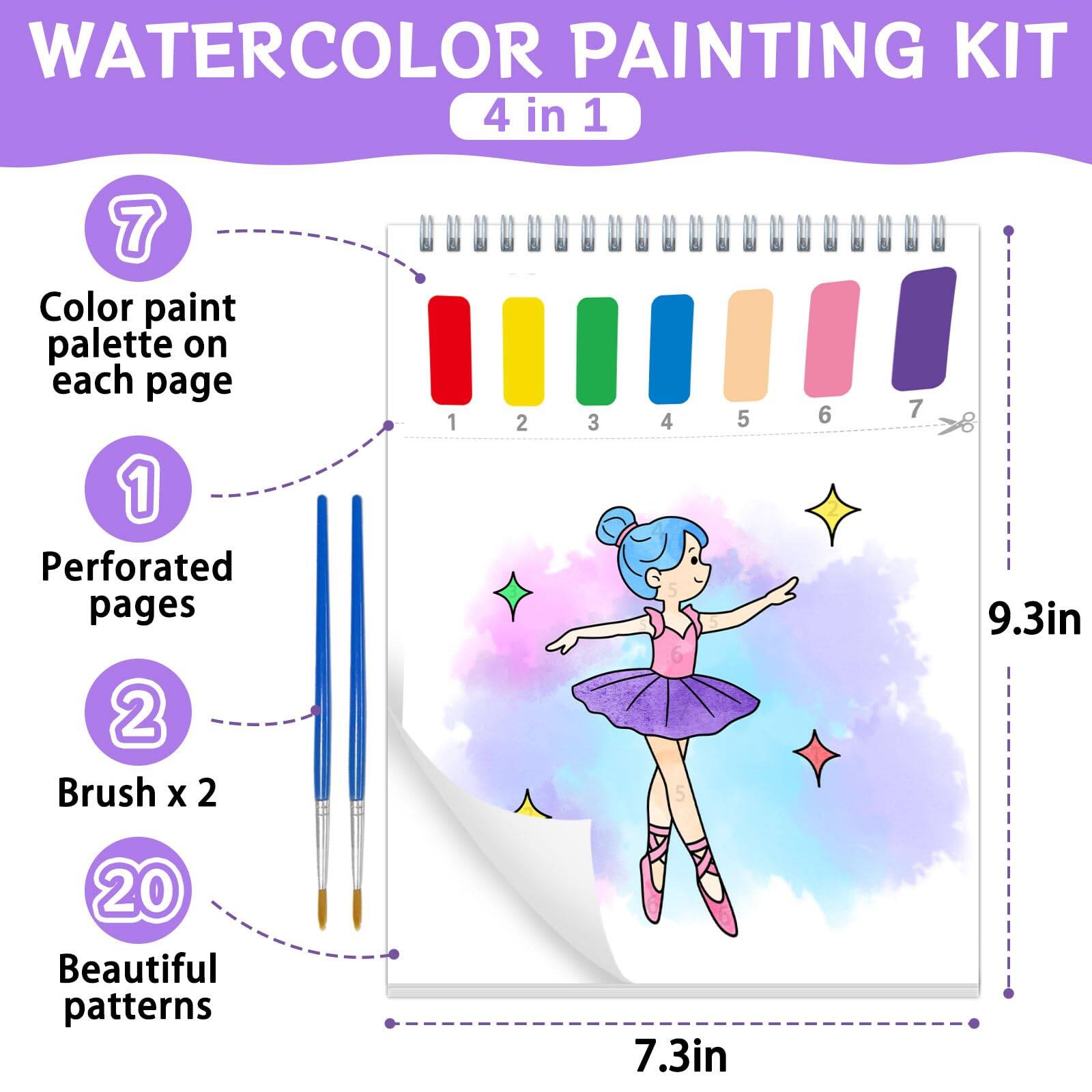 WATERCOLOR PAINTING KIT  
4 in 1  

- 7 Color paint palette on each page  
- 1 Perforated pages  
- 2 Brush x 2  
- 20 Beautiful patterns  

9.3in x 7.3in