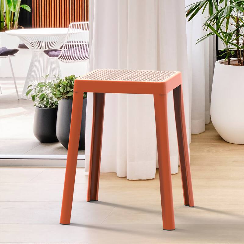 Left. LeisureMod - Tresse Stackable Poly Stool with Wicker Top, Modern Outdoor Counter Height Patio Barstool Set of 2 - Orange.