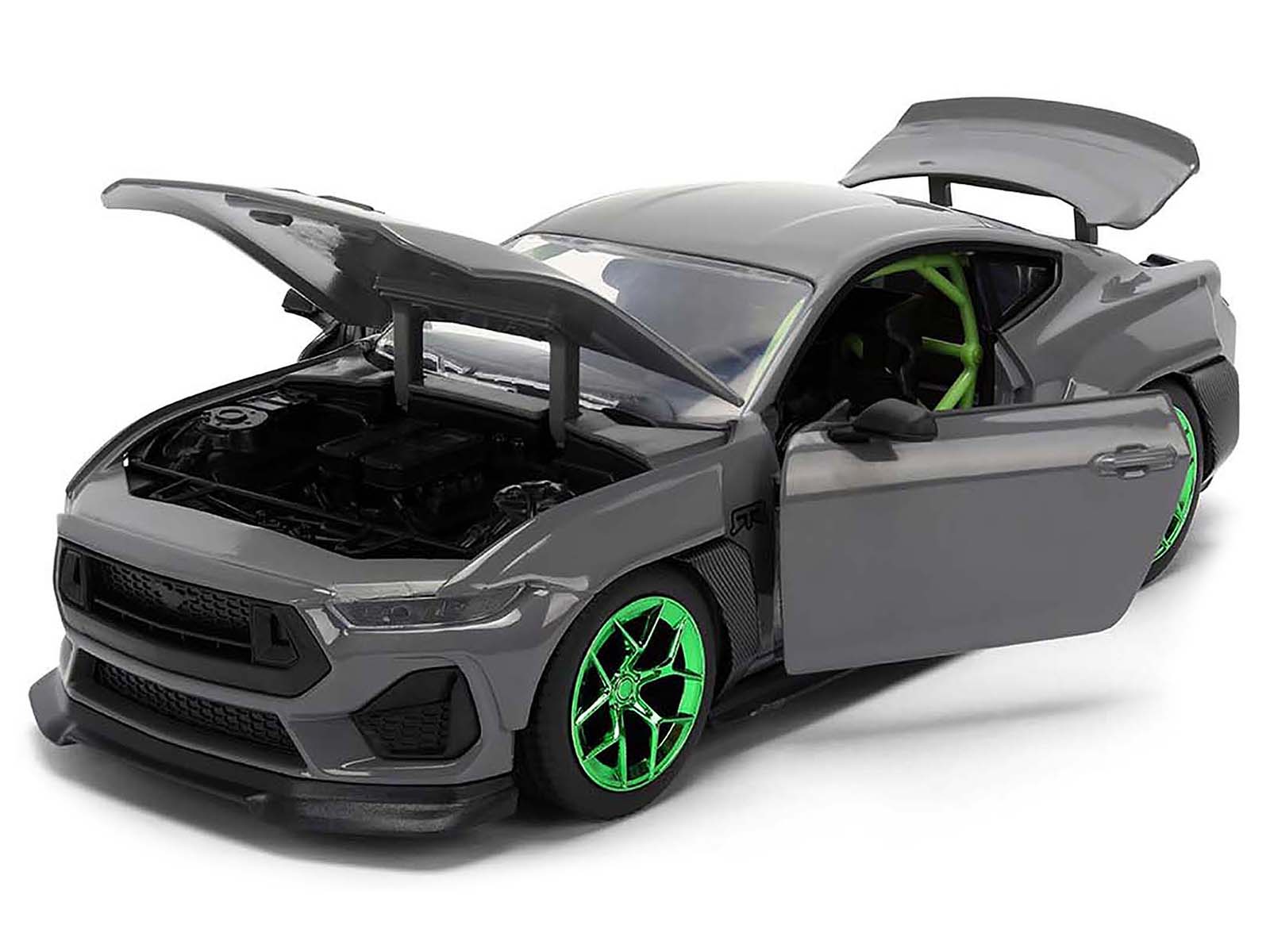 Angle. Jada - 2024 Ford Mustang RTR Gray with Green Wheels "Bigtime Muscle" Series 1/24 Diecast Model Car by Jada - Gray with Green.