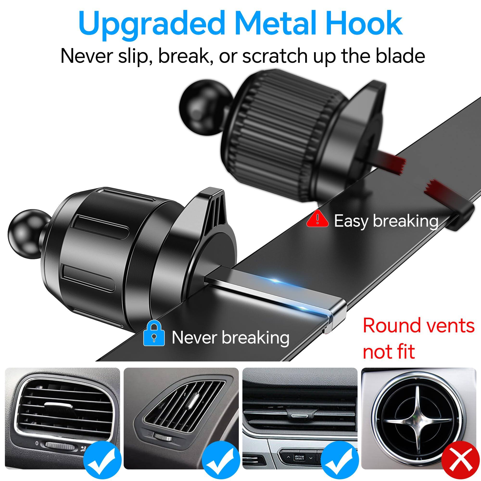 Upgraded Metal Hook  
Never slip, break, or scratch up the blade  

Easy breaking  
Never breaking  

Round vents not fit
