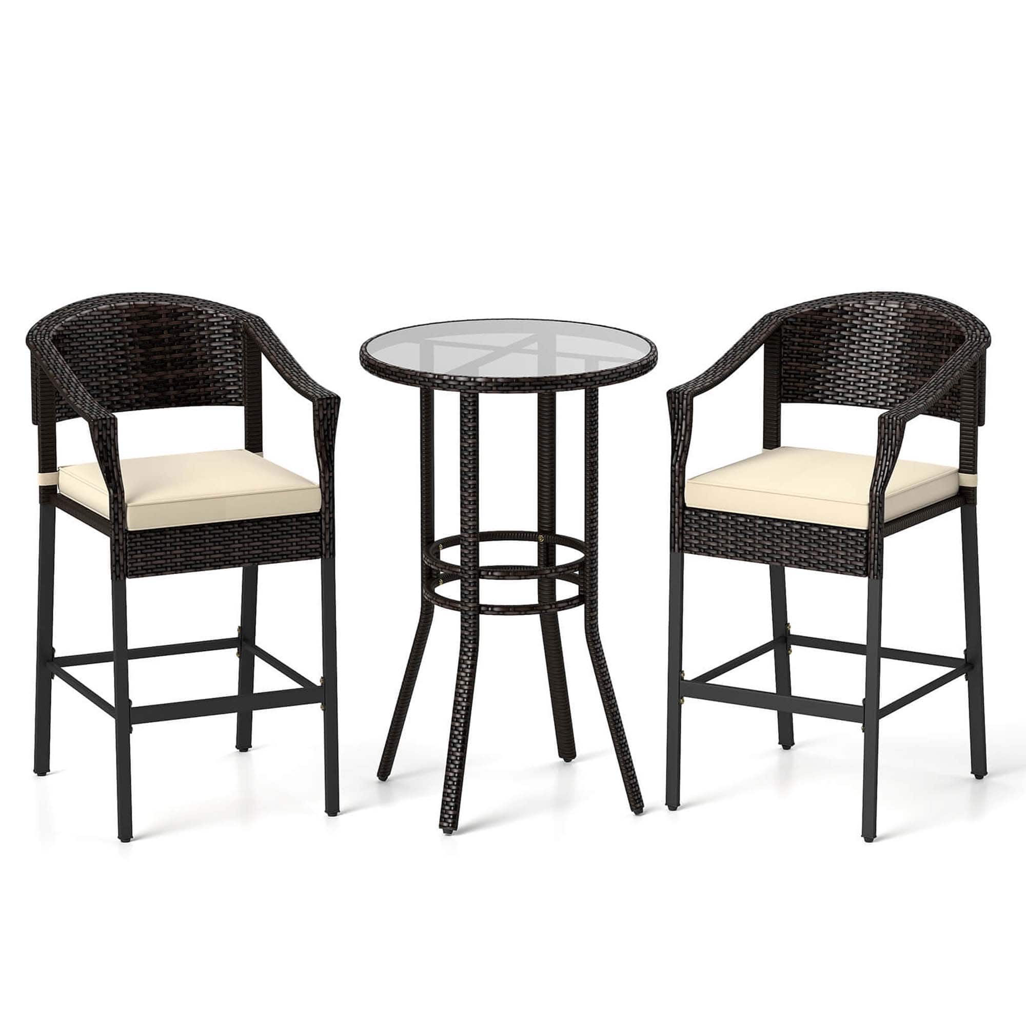 Costway - 3 PCS Patio Rattan Bar Set Wicker Armchairs & Round Table with Tempered Glass Top - Mix Brown,Off White