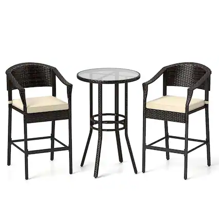 Front. Costway - 3 PCS Patio Rattan Bar Set Wicker Armchairs & Round Table with Tempered Glass Top - Mix Brown,Off White.