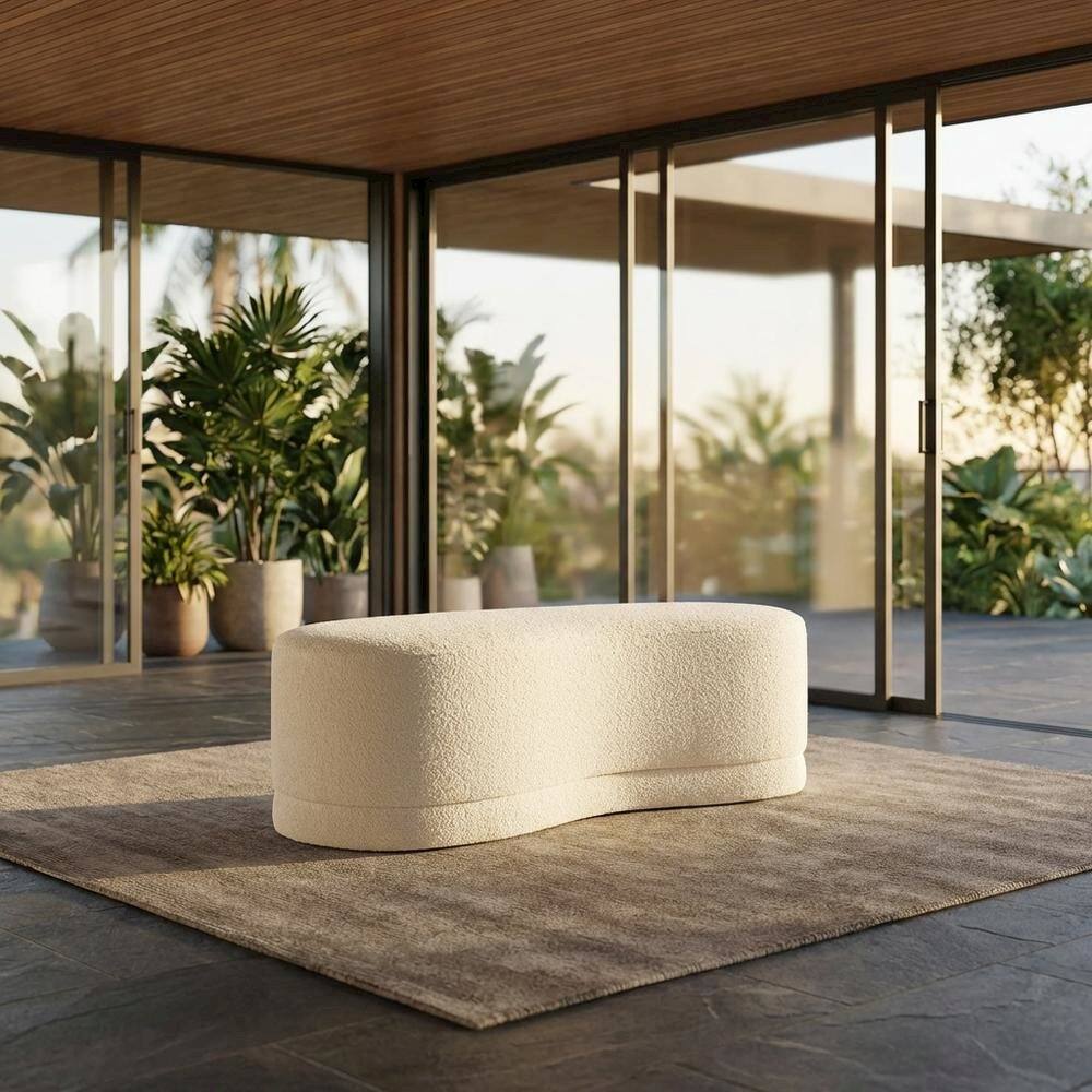 Angle. Outdoor Escape - Outdoor upholstered ottoman bench with plush top for patio seating - Beige.