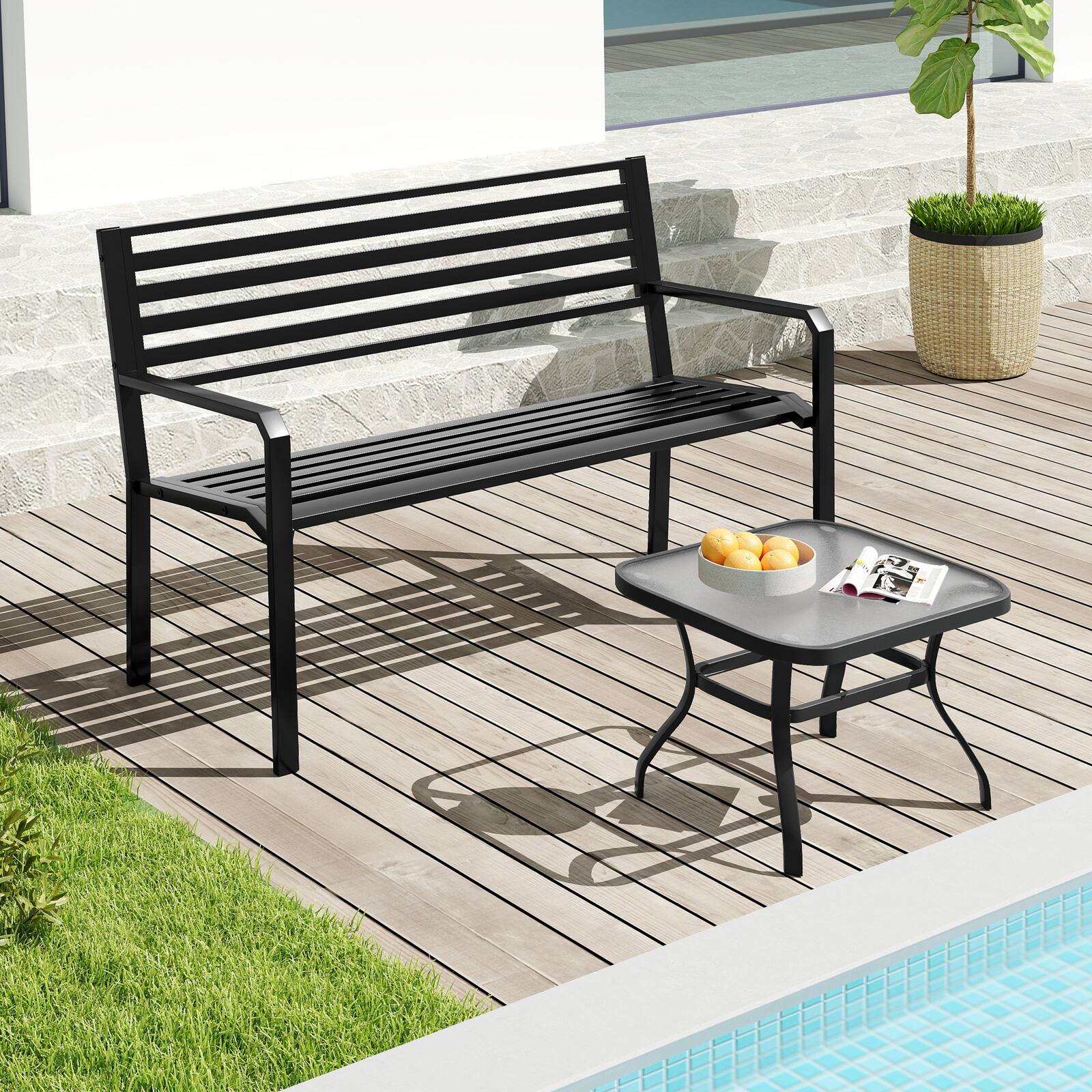 Alt View 8. Gymax - Gymax 50'' Outdoor Metal Park Bench for 2-3 People w/ Armrests & Backrest for Backyard - Black.
