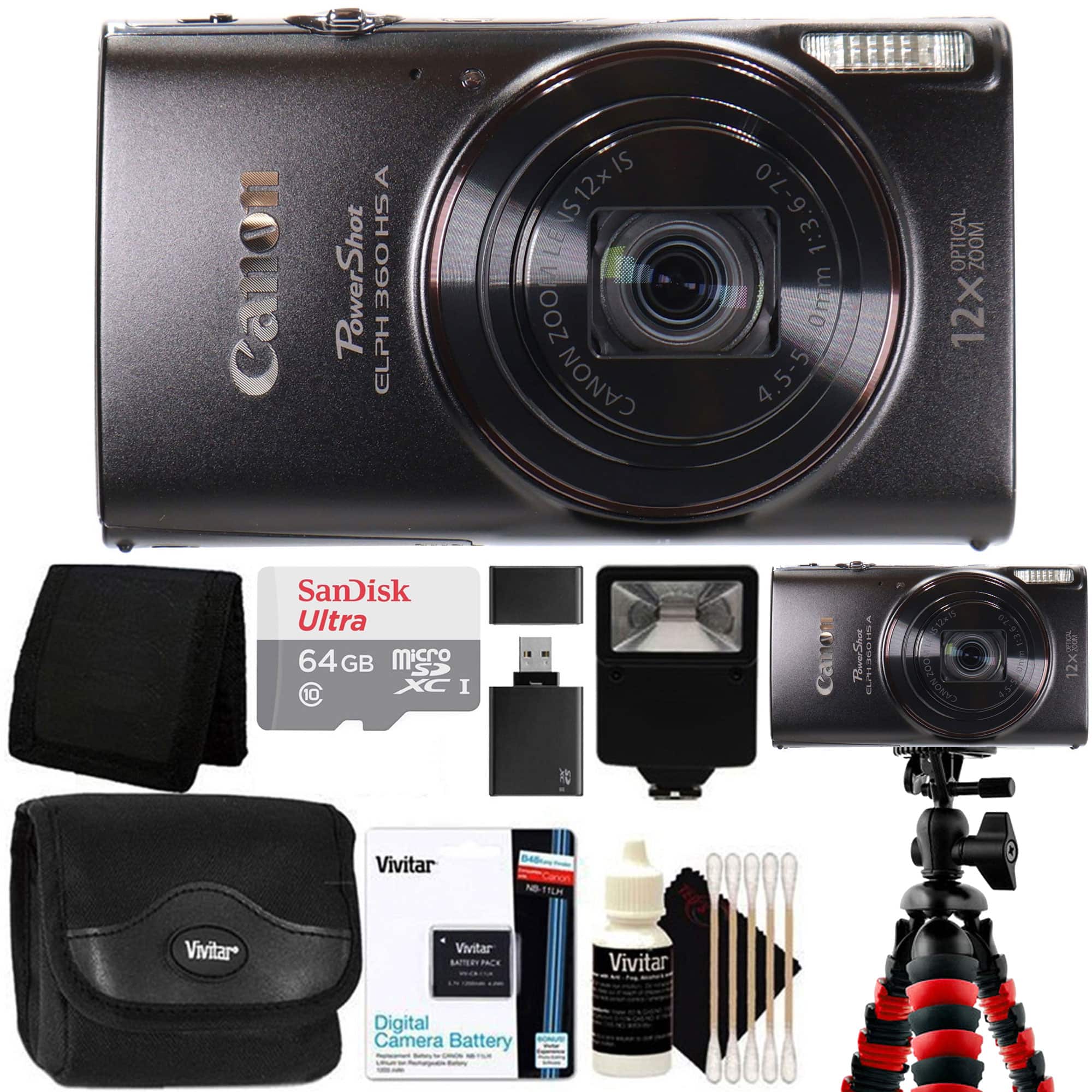 Canon - PowerShot ELPH 360 HS A Digital Camera with Tripod Accessory Bundle - Black