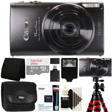 Canon PowerShot ELPH 360 HS A
12x Optical Zoom
1:3.6-7.0 4.5-5 4
SanDisk Ultra 64GB MicroSDXC I
Vivitar Battery Pack
Vivitar Digital Camera Battery
Vivitar Cleaning Kit