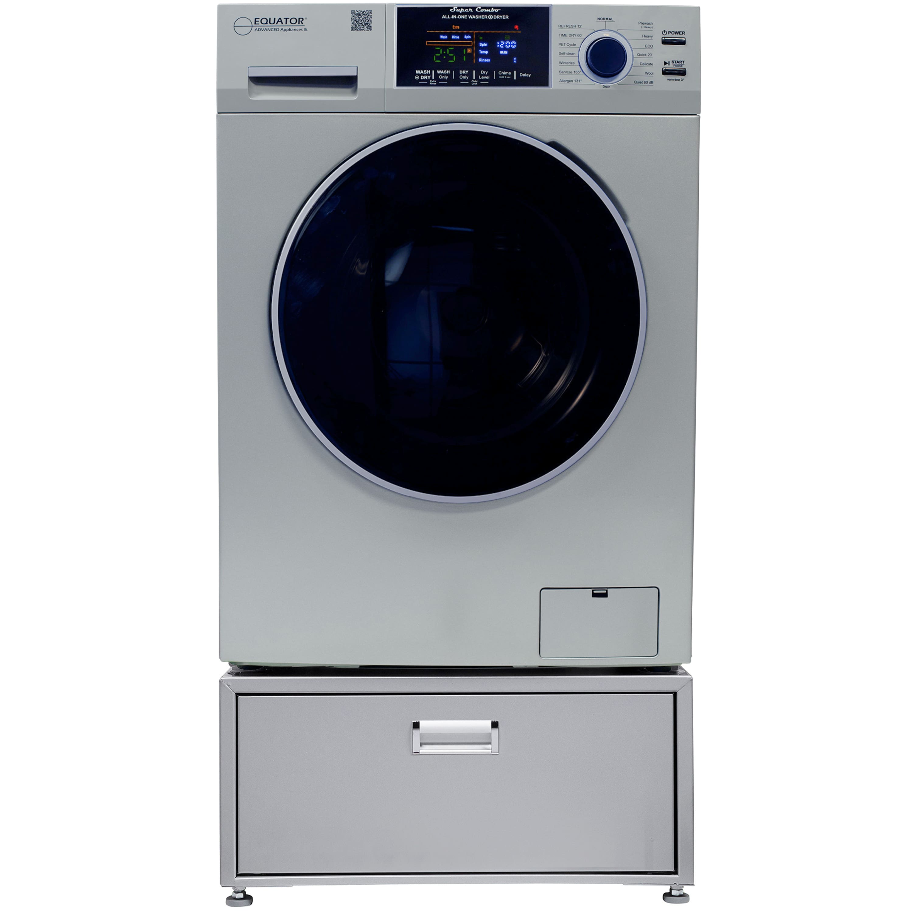 EQUATOR  
PROFESSIONAL APPLIANCES

EQUATOR Commercial Washer  
1200 RPM

2:55  
WASH  
35°  
DRY  
1

ALL IN ONE COMPACT  
WASHER & DRYER

1200 RPM

WASH  
RINSE  
SPIN  
DRY

1200 RPM

ENERGY STAR  
CERTIFIED

ENERGY STAR  
CERTIFIED