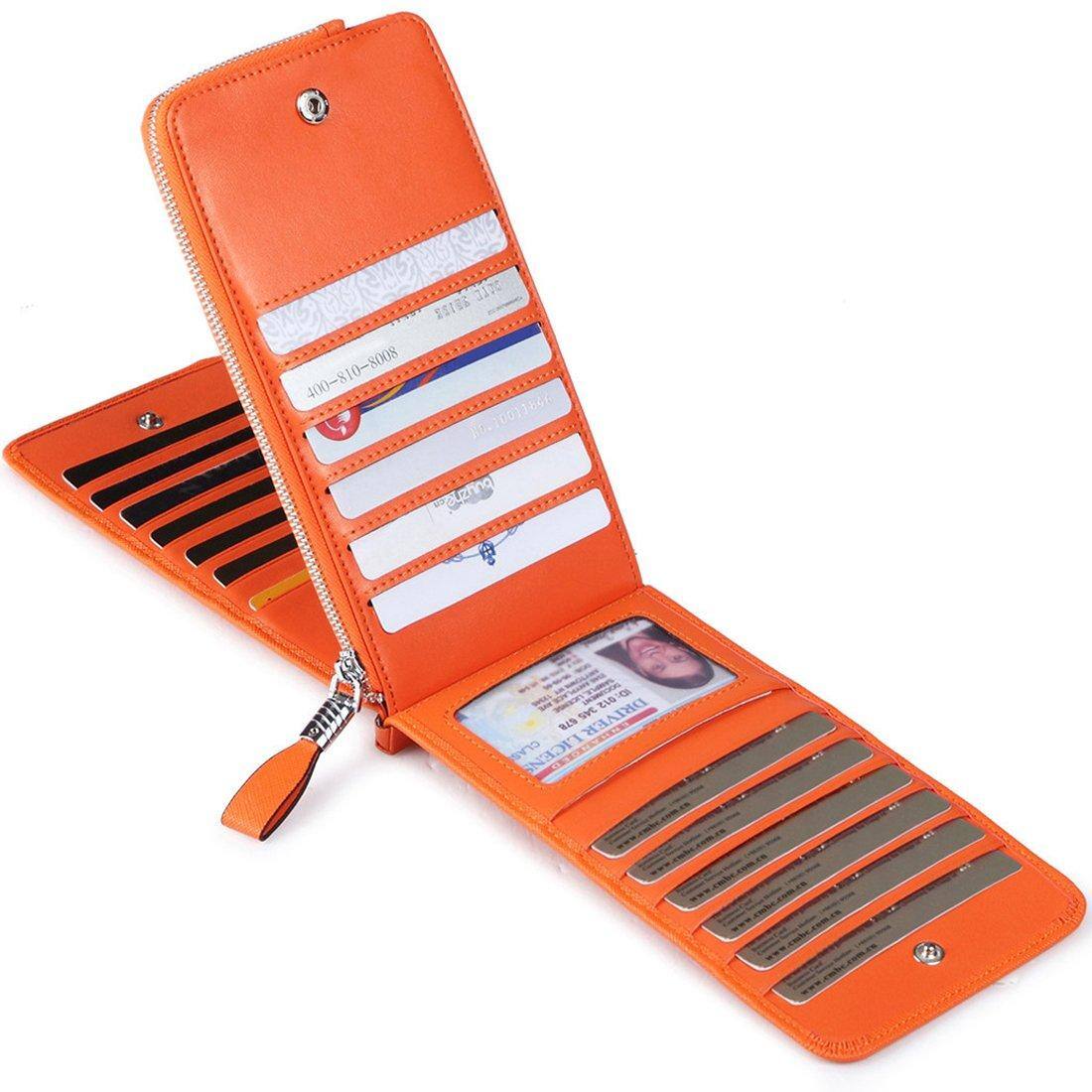 Left. Jadie Link - Rfid Wallet Women Large Size Bifold Multi Card Case Zipper Pocke Credit Holder GENUINE LEATHER -Our RFID credit card - Oil Wax leather Red.