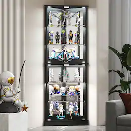 Skyzoo - Corner Display Cabinet with RGB LED Lights, 6-Tier Curio Cabinet with glass doors for Collectibles - Black
