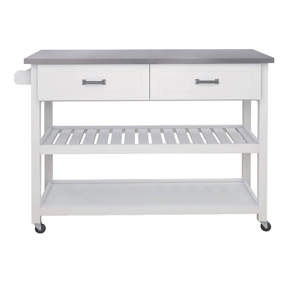 Back. Kadyn - Veryke Console Table with Stainless Steel Table Top, Kicthen Storage Cart with Two Drawers - White - White.