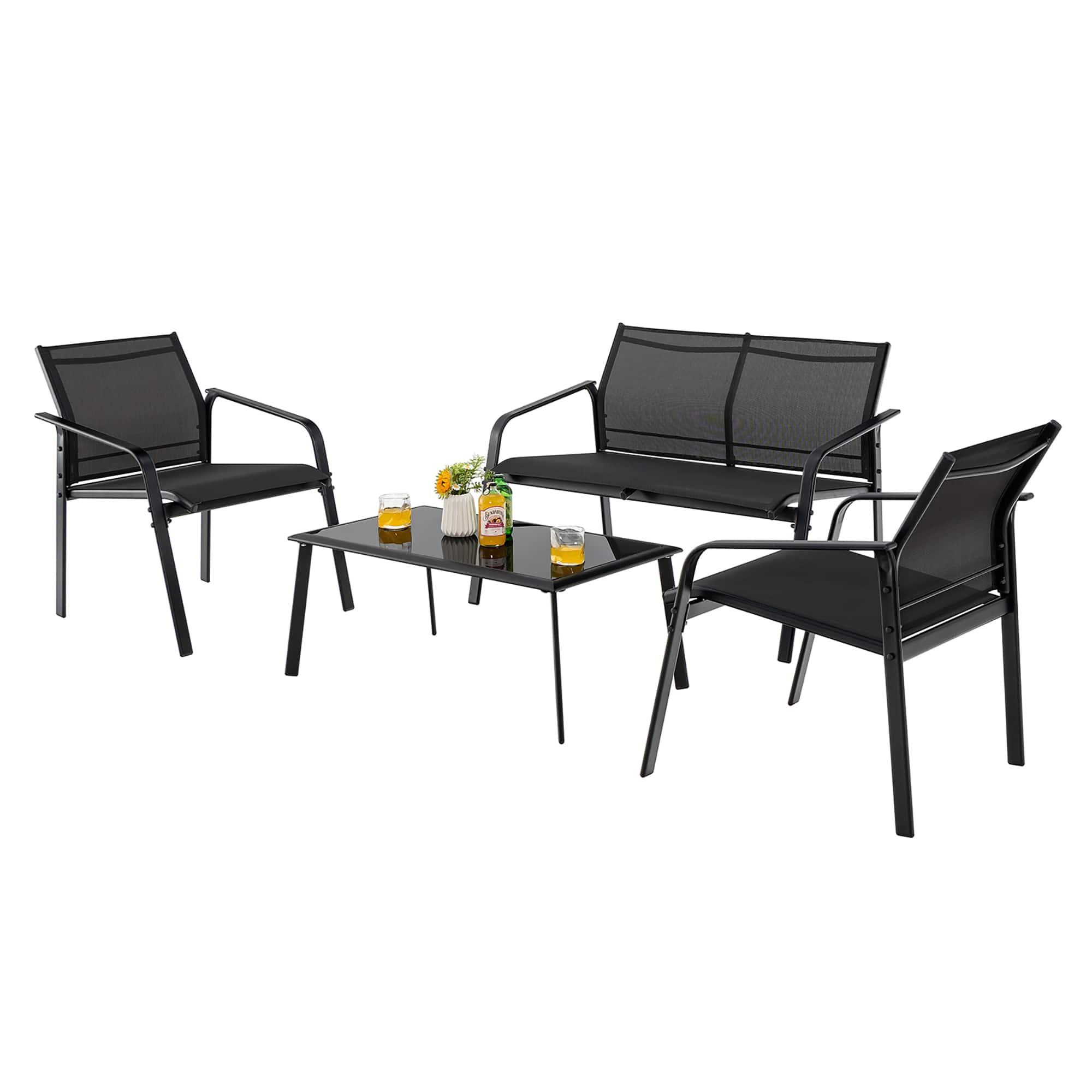 Costway - 4 PCS Patio Furniture Set Loveseat Sofas Armrest Glass Table Deck - Black