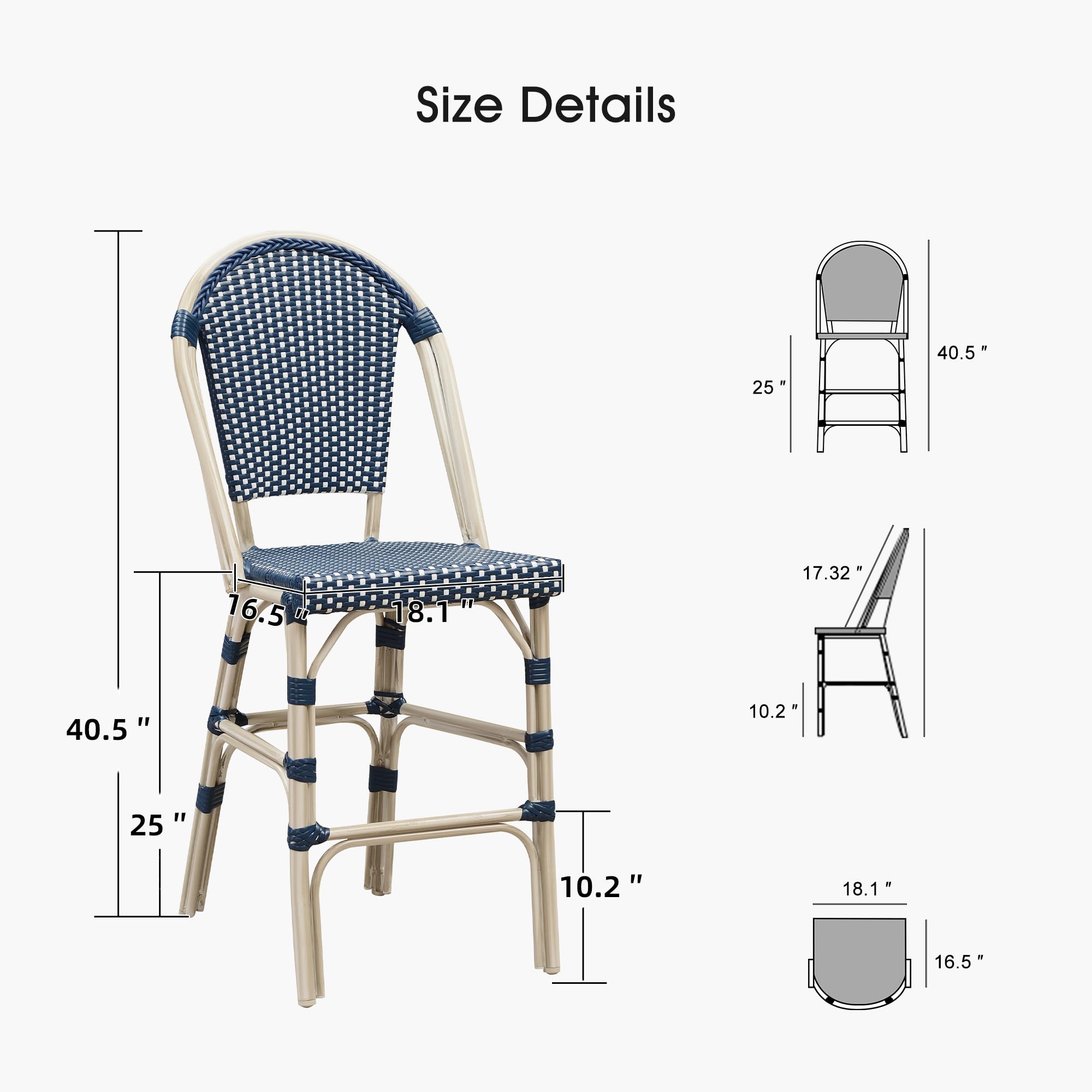 Size Details

- Height: 40.5"
- Seat Height: 10.2"
- Seat Depth: 18.1"
- Seat Width: 16.5"
- Back Height: 25"
- Back Width: 17.32"
- Armrest Height: 10.2"
- Armrest Width: 18.1"
- Overall Width: 40.5"