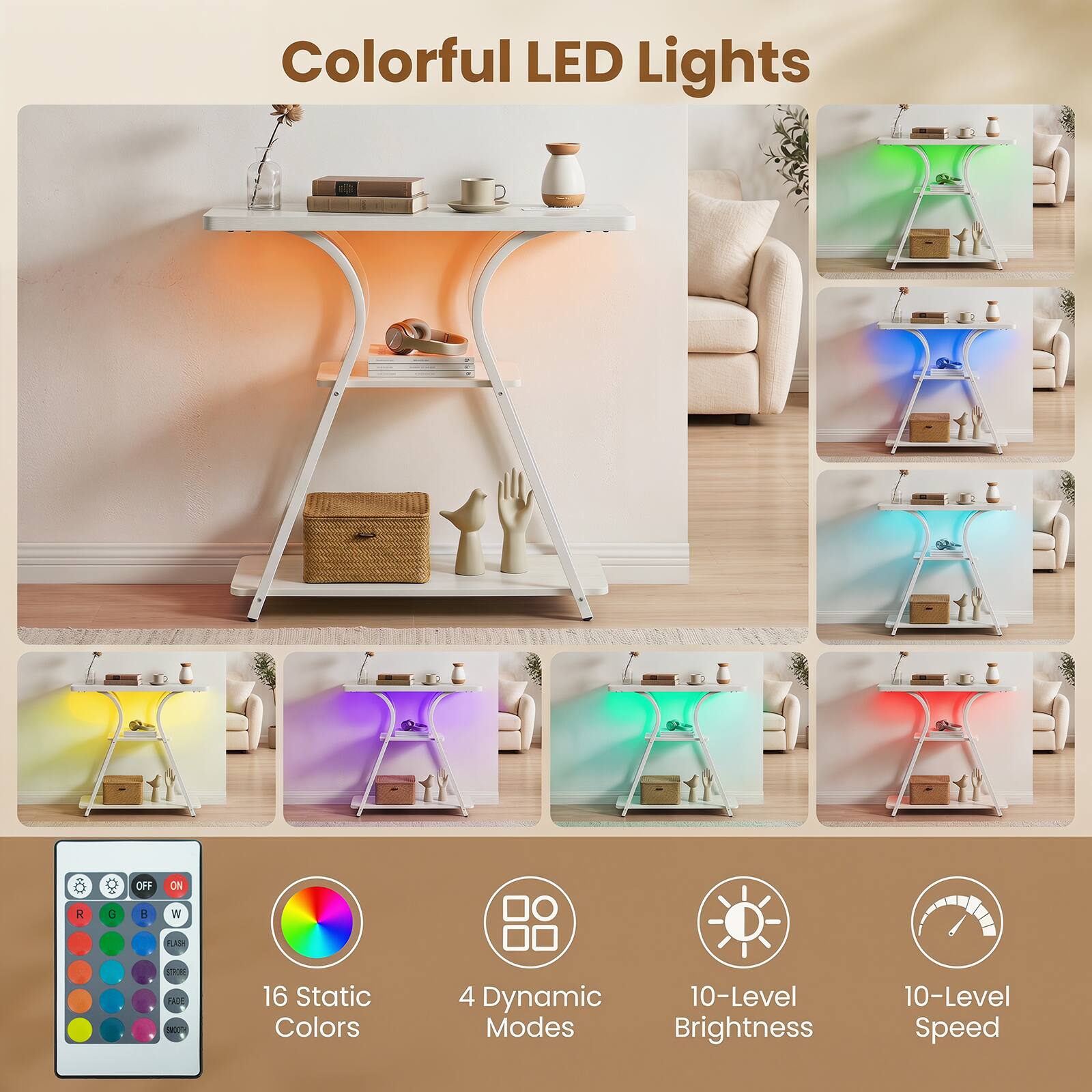Colorful LED Lights

- 16 Static Colors
- 4 Dynamic Modes
- 10-Level Brightness
- 10-Level Speed
