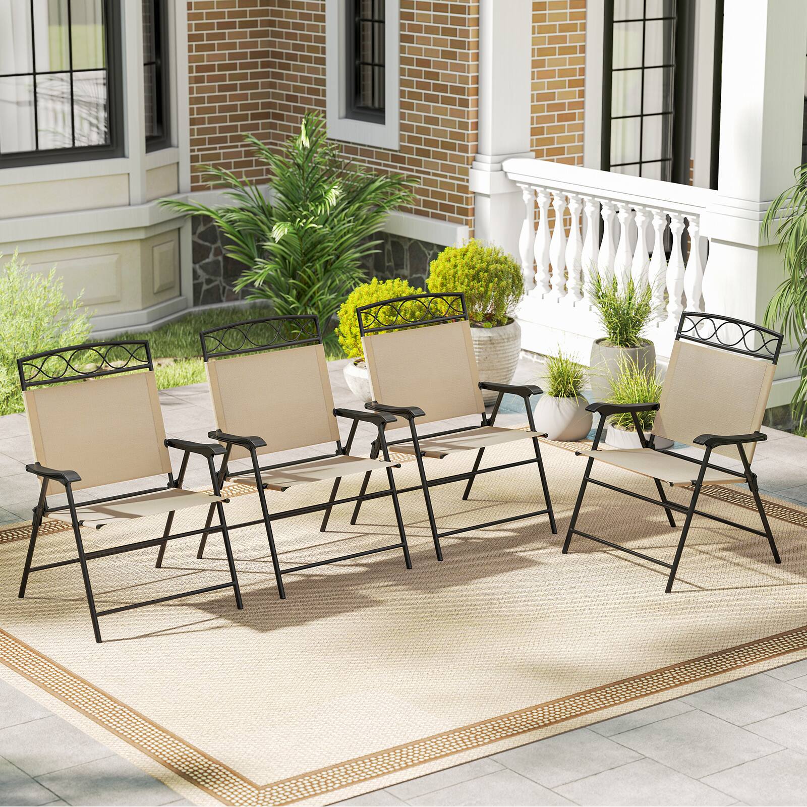 Front. SlickBlue - Set of 4 Patio Folding Chairs Set Dining Chairs with Armrests-Beige - Beige.