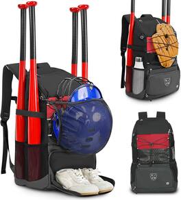 Wikistore - Baseball Bag Backpack with Bat Shoe Glove Compartment Helmet Holders Fence Hook Water-Resistant - Red