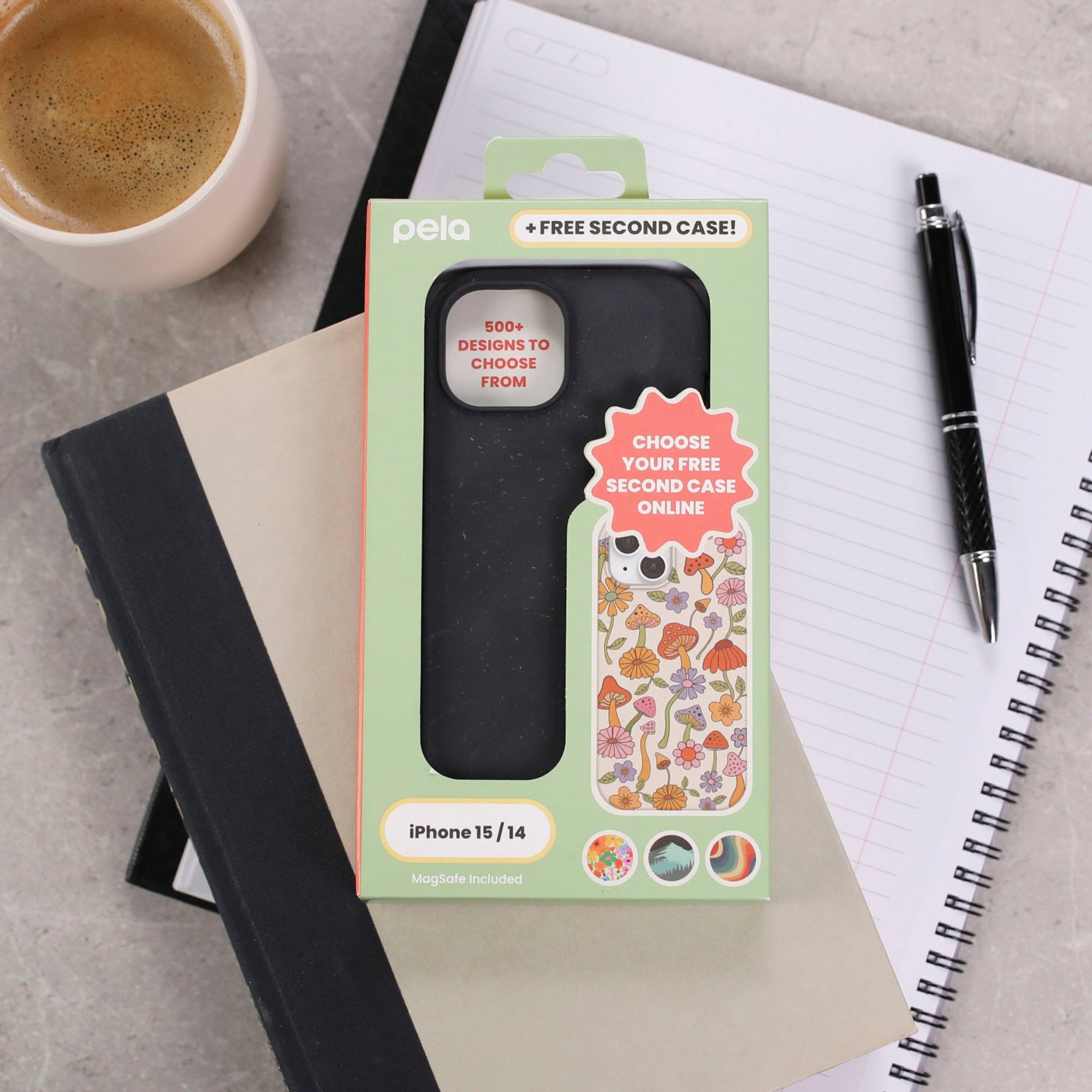 Pela offers a free second case with 500+ designs to choose from. Customers can select their free second case online, which is compatible with iPhone 15/14/MagSafe.