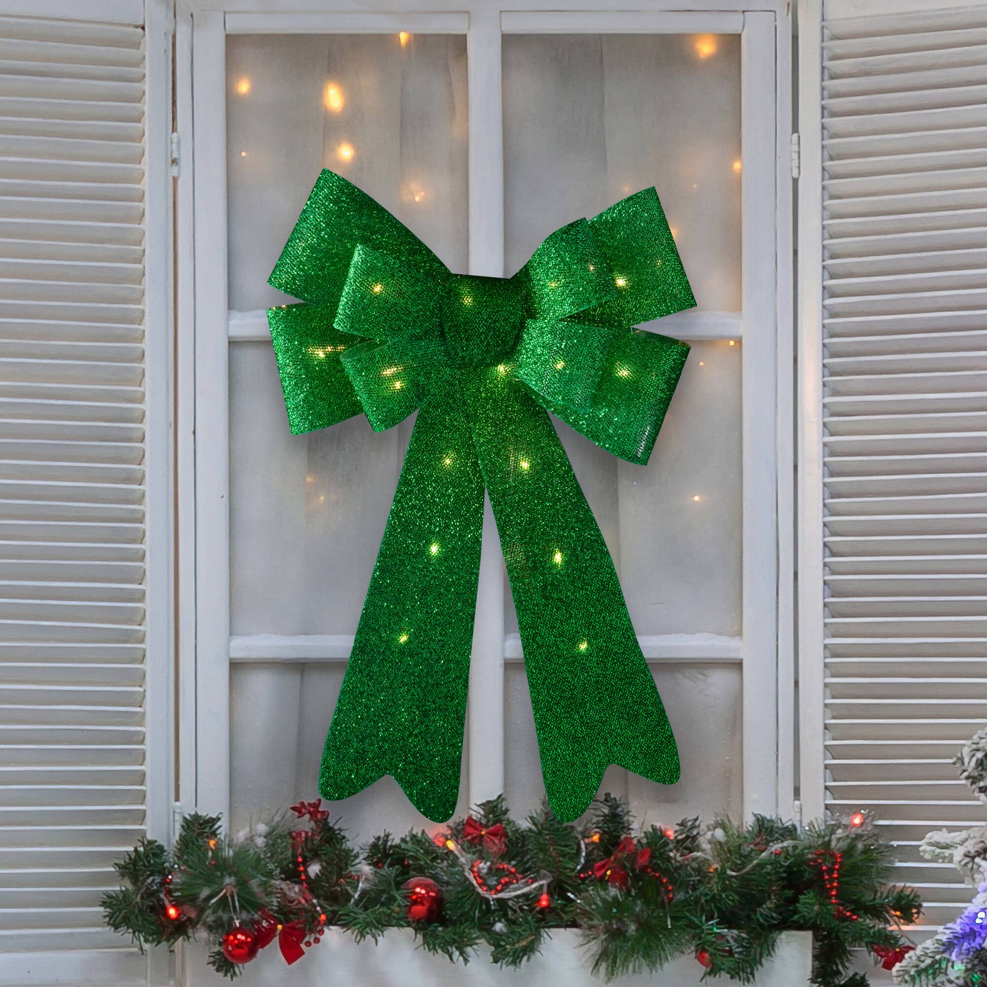 Front. Northlight - LED Lighted Tinsel Bow Christmas Decoration - 24" - Green - Green.