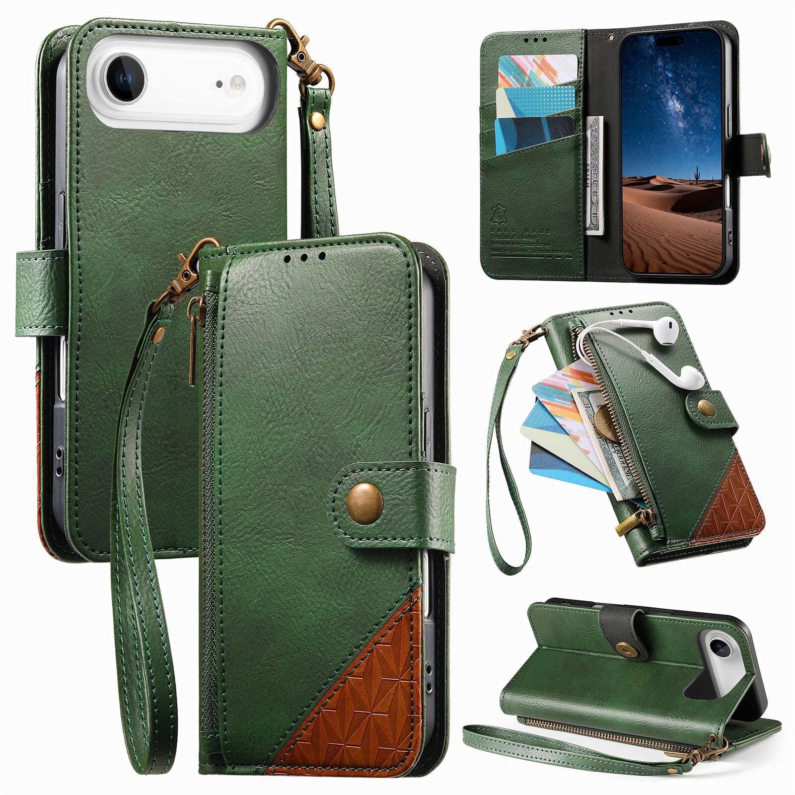 Front. Dteck - For Apple iPhone Air Wallet Case Business Shockproof PU Leather Flip Kickstand Zipper Card Pocket Cover+Strap - Green.