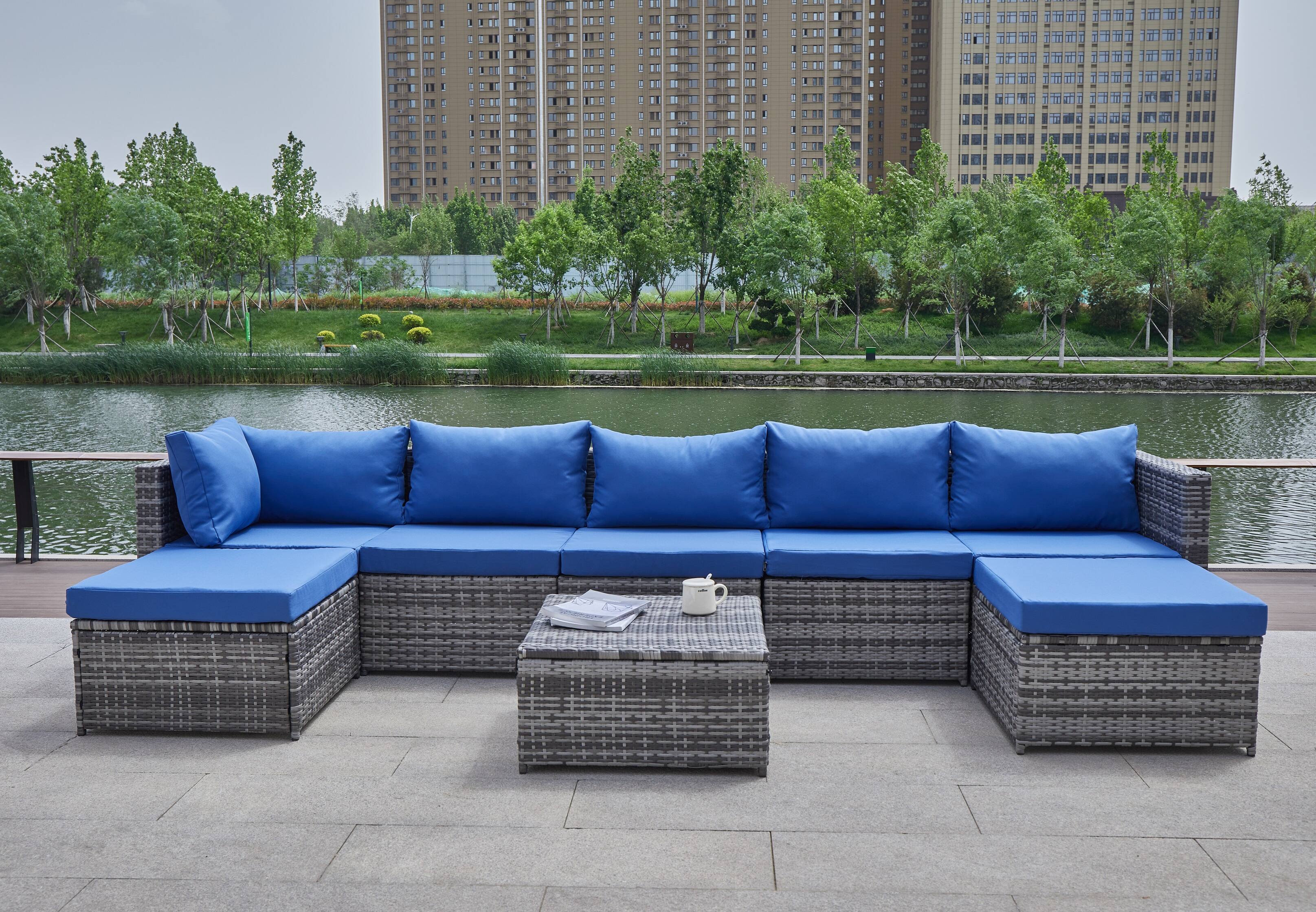 Left. Siljoy - Patio Sofa with Cushions - Blue+Grey.