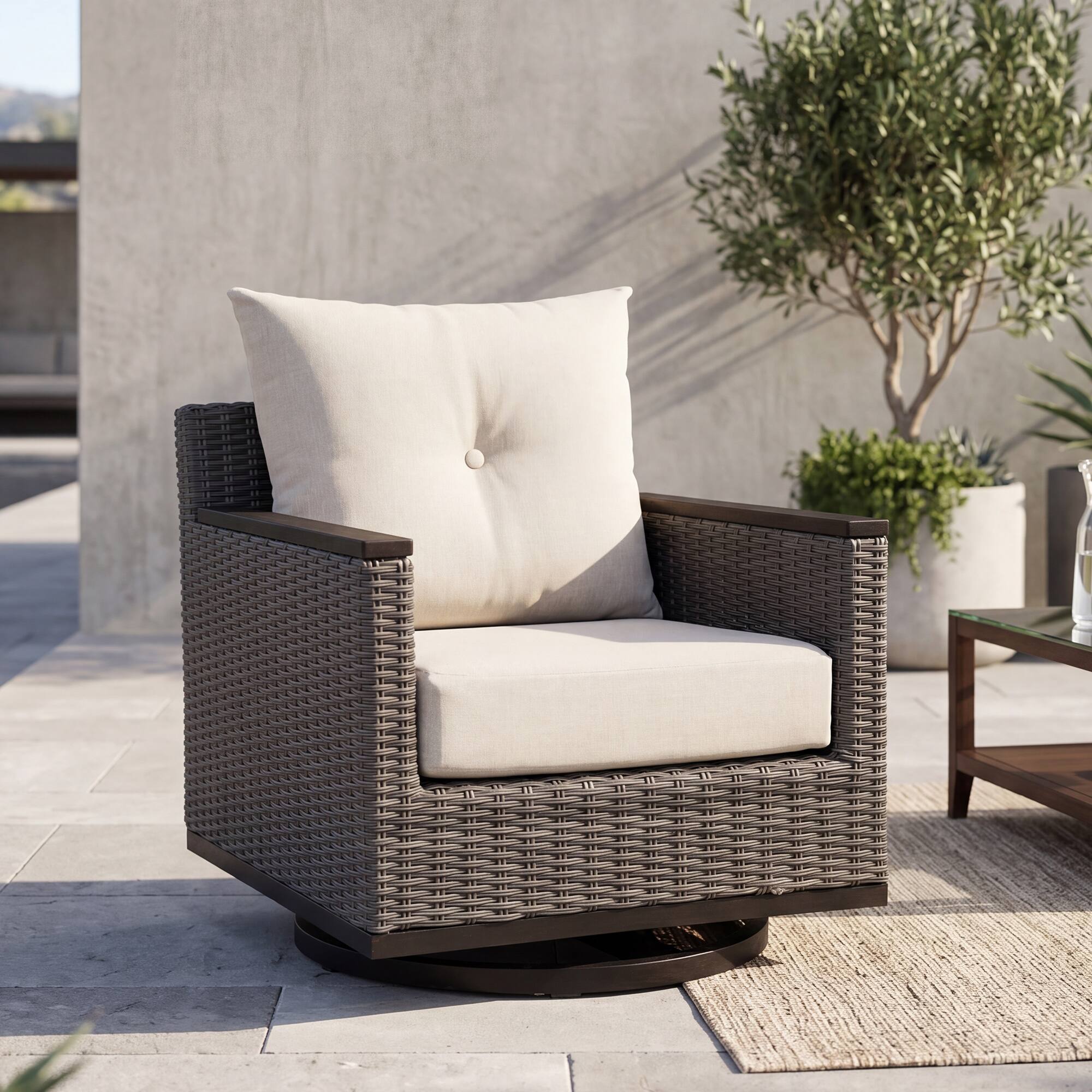 Angle. Nuu Garden - 23 x 24 Inch Outdoor Olefin Chair Cushion Set, Tufted Design - Beige.