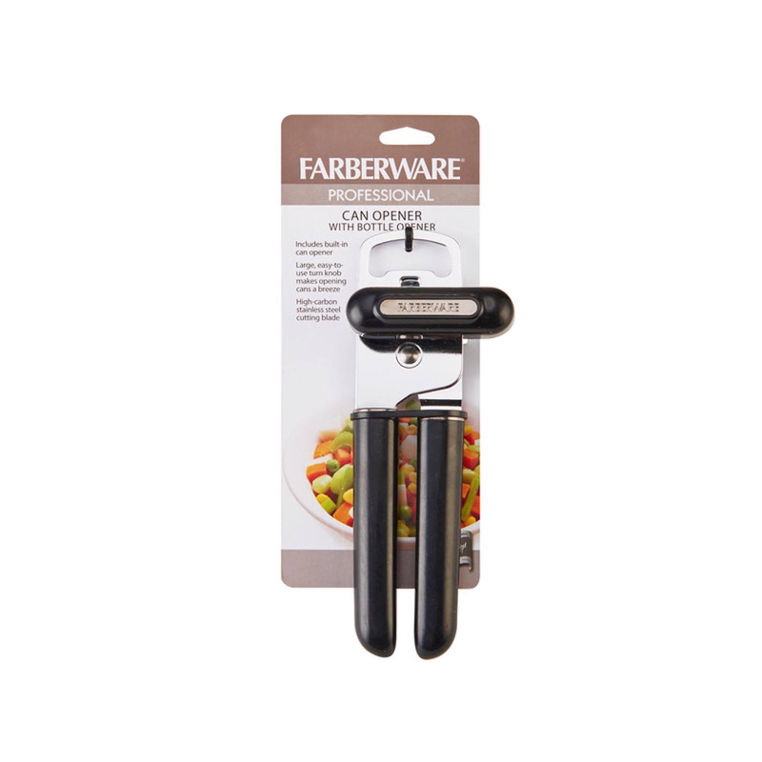 FARBERWARE PROFESSIONAL CAN OPENER WITH BOTTLE OPENER

Includes built-in can opener
Large, easy-to-use turn knob makes opening cans a breeze
High-carbon stainless steel cutting blade