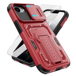 Dteck - Rugged Stand Case for Apple iPhone 17e / 16e,Shockproof Heavy Duty Cover With Sliding Lens Cover+Tempered Glass Flim - Red