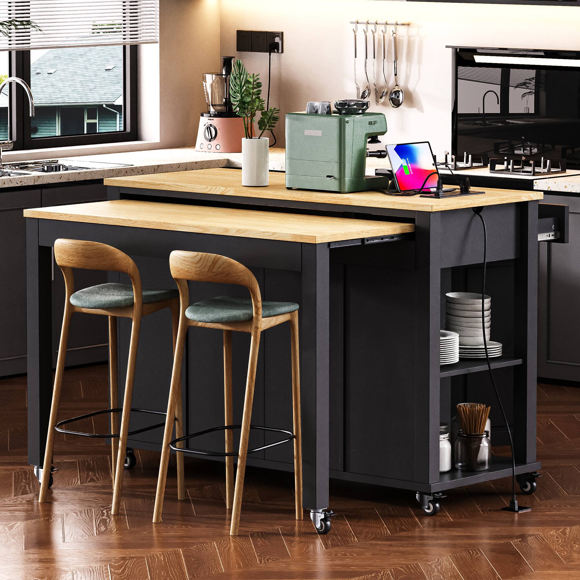 PexFix - 47" Kitchen Island with Extendable Table & Power Outlet - Rolling Cart with 2 Drawers, 2 Cabinets & Rubber Wood Top - Black