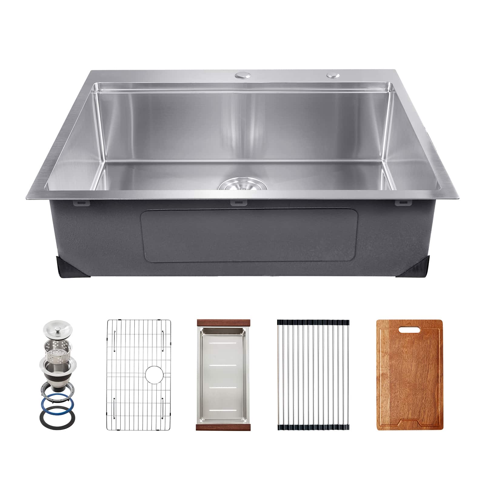 VEVOR - 30 inch Kitchen Sink Workstation, 304 Stainless Steel Top Mount Sinks, Drop-In Single Bowl Farmhouse Basin - Silver
