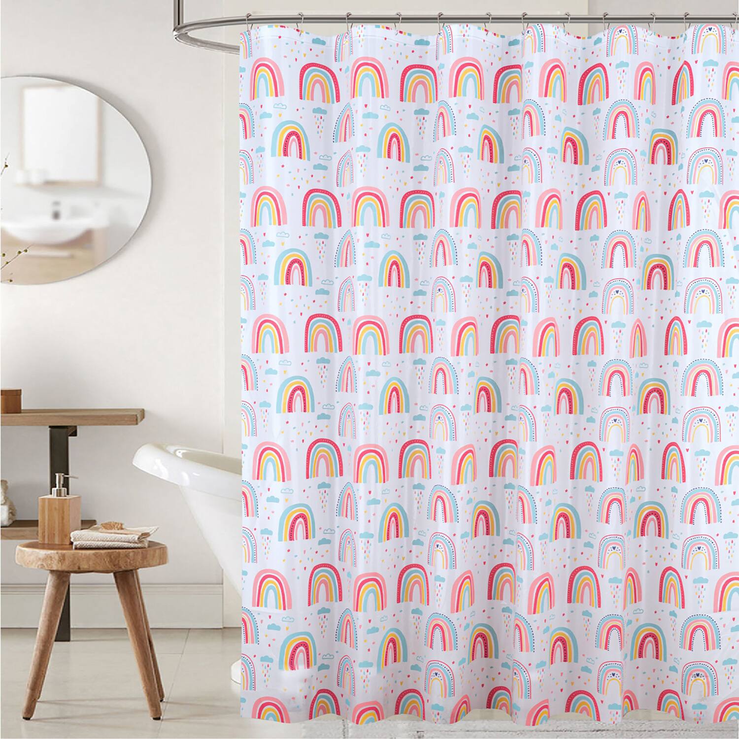Angle. RT Designers Collection - RT Designers Collection 90GSM Peva Glit Printed Rainbow Shower Curtain 70" x 72" Muticolor - Multicolor.