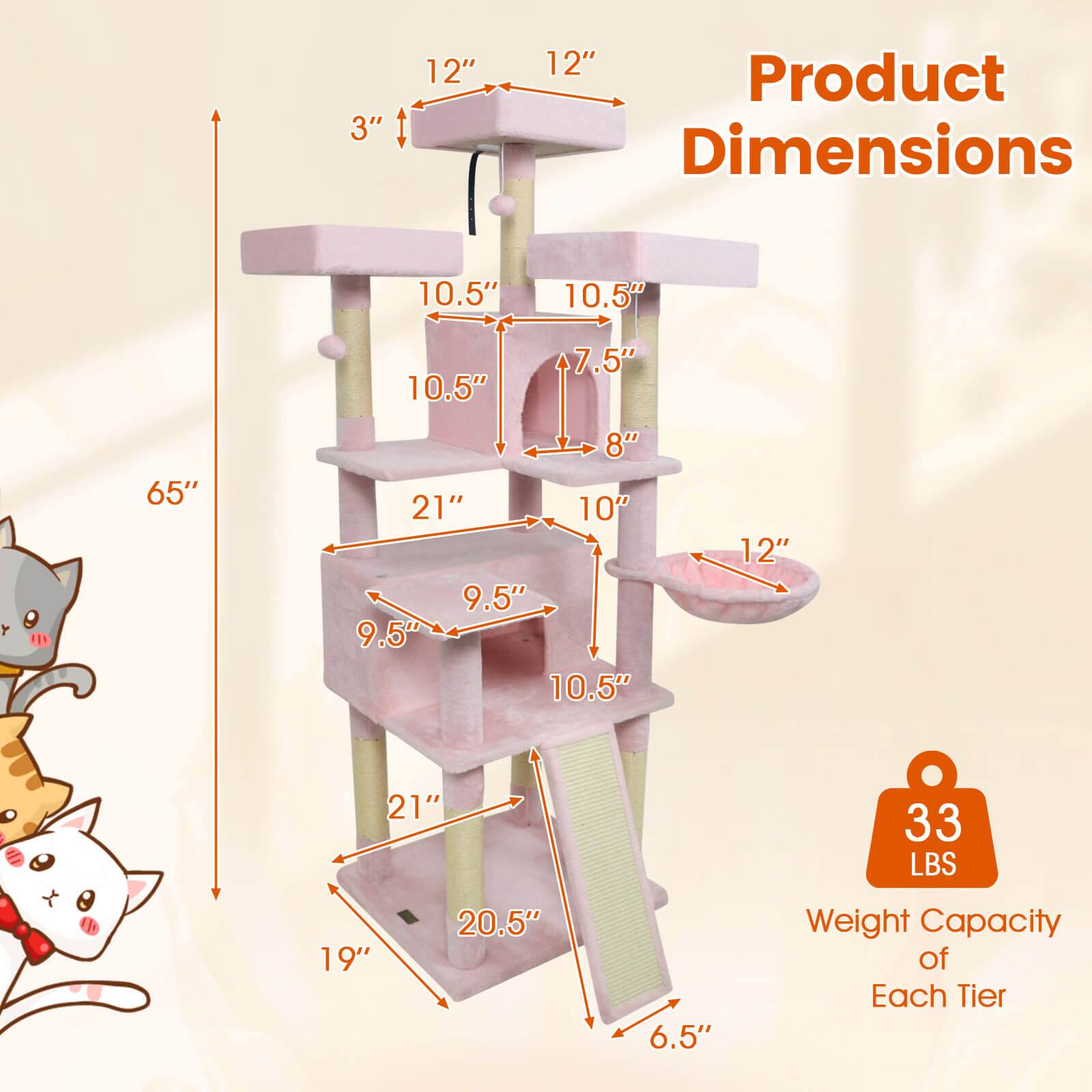 Product Dimensions:  
- Height: 65"  
- Width: 20.5"  
- Depth: 19"  
- Shelf Dimensions:  
  - Top Shelf: 12" x 12"  
  - Second Shelf: 10.5" x 10.5"  
  - Third Shelf: 10" x 12"  
  - Fourth Shelf: 9.5" x 10.5"  
  - Bottom Shelf: 21" x 21"  
- Other Dimensions:  
  - 3" (height of the top part)  
  - 7.5" (depth of the second shelf)  
  - 8" (depth of the third shelf)  
  - 6.5" (depth of the bottom shelf)  

Weight Capacity of Each Tier: 33 LBS