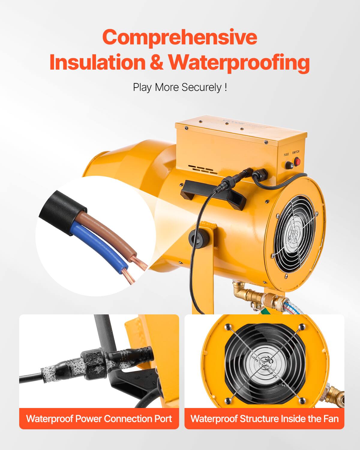 Comprehensive Insulation & Waterproofing  
Play More Securely!  

Waterproof Power Connection Port  
Waterproof Structure Inside the Fan