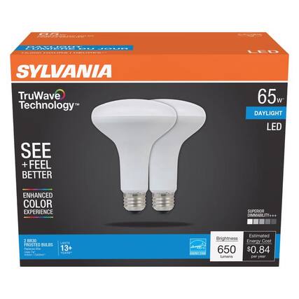 SYLVANIA
TruWave Technology™
SEE + FEEL BETTER
ENHANCED COLOR EXPERIENCE
2 BR30 FROSTED BULBS
Replaces 65W
Indoor / Outdoor!
LASTS 13+ YEARS*
65w
DAYLIGHT
LED
SUPERIOR DIMMABILITY+++
Brightness
650 lumens
Estimated Energy Cost
$0.84 per year
ENERGY STAR