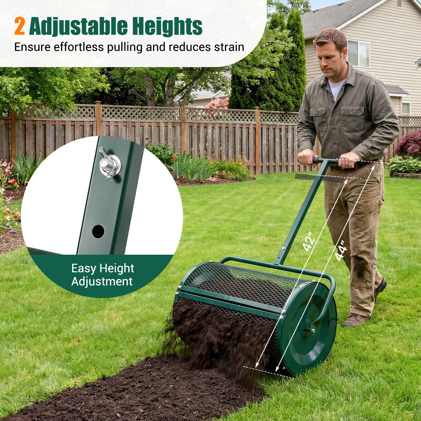 2 Adjustable Heights  
Ensure effortless pulling and reduces strain  

Easy Height Adjustment  
42" 44"