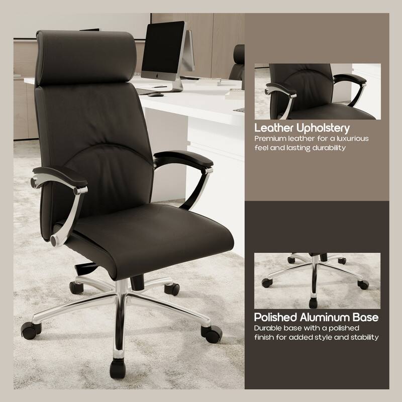 Leather Upholstery  
Premium leather for a luxurious feel and lasting durability  

Polished Aluminum Base  
Durable base with a polished finish for added style and stability