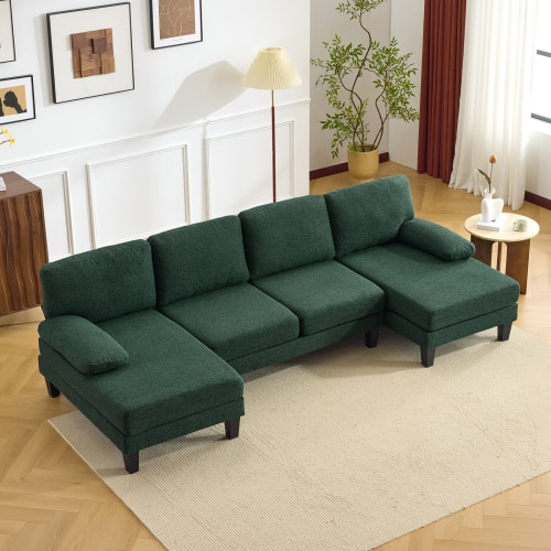 Winado - 112" Sectional Couches Chenille Upholstery U-Shape 4 Seat Sofa Set with Double Chaises & Wood Grain Legs for Living Room - Green