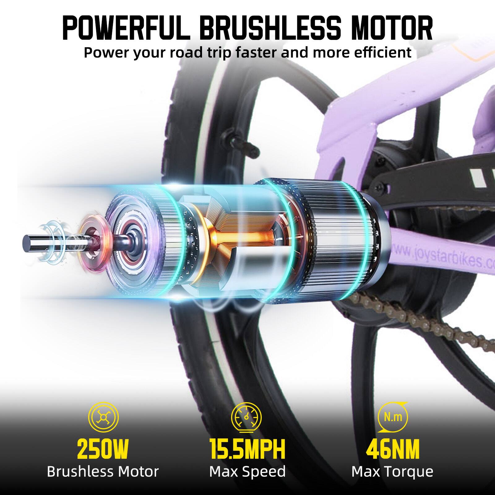 POWERFUL BRUSHLESS MOTOR  
Power your road trip faster and more efficient  

www.joystarbikes.com  

250W Brushless Motor  
15.5MPH Max Speed  
46NM Max Torque