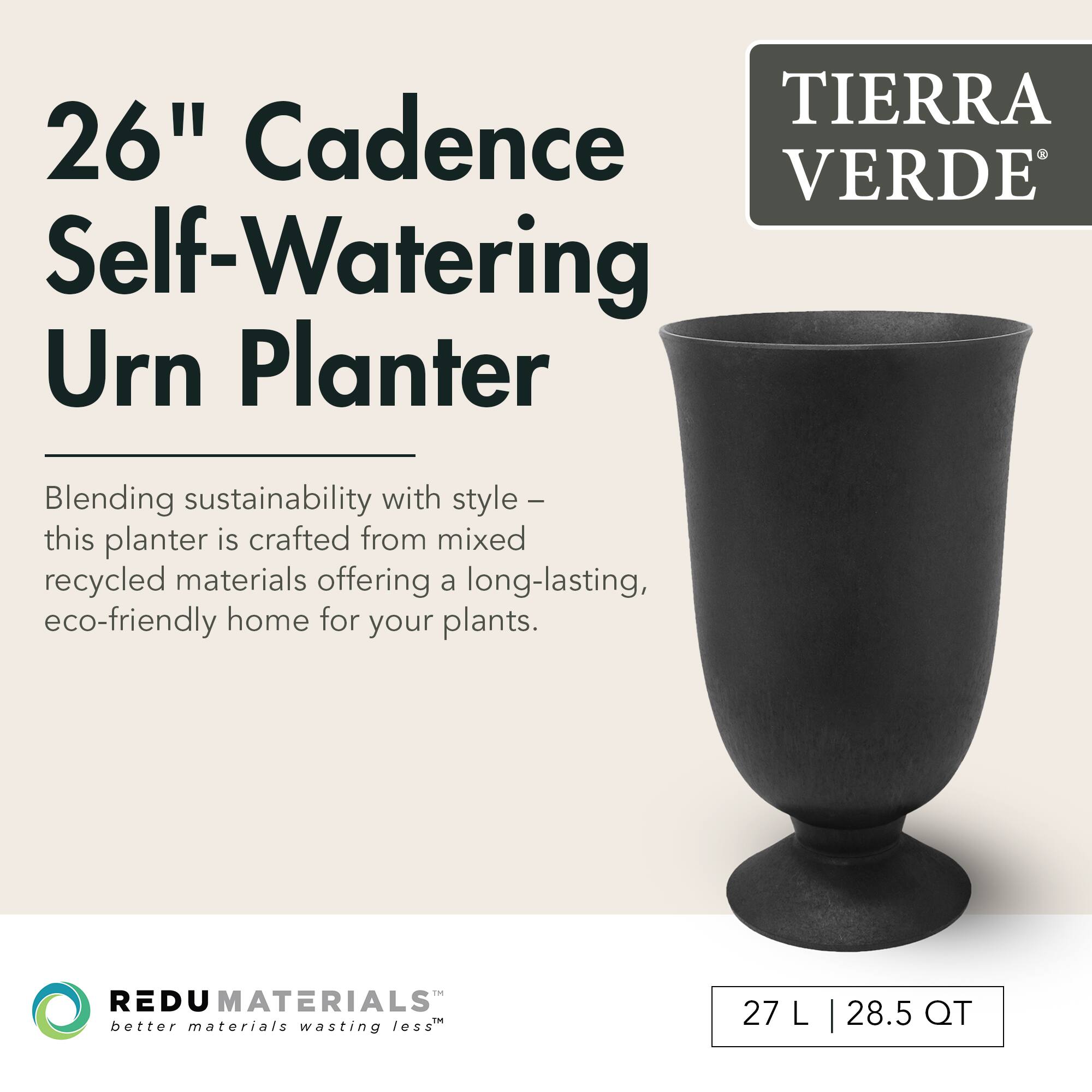 26" Cadence Self-Watering Urn Planter

Blending sustainability with style – this planter is crafted from mixed recycled materials offering a long-lasting, eco-friendly home for your plants.

TIERRA VERDE

REDU MATERIALS
better materials wasting less

27 L | 28.5 QT